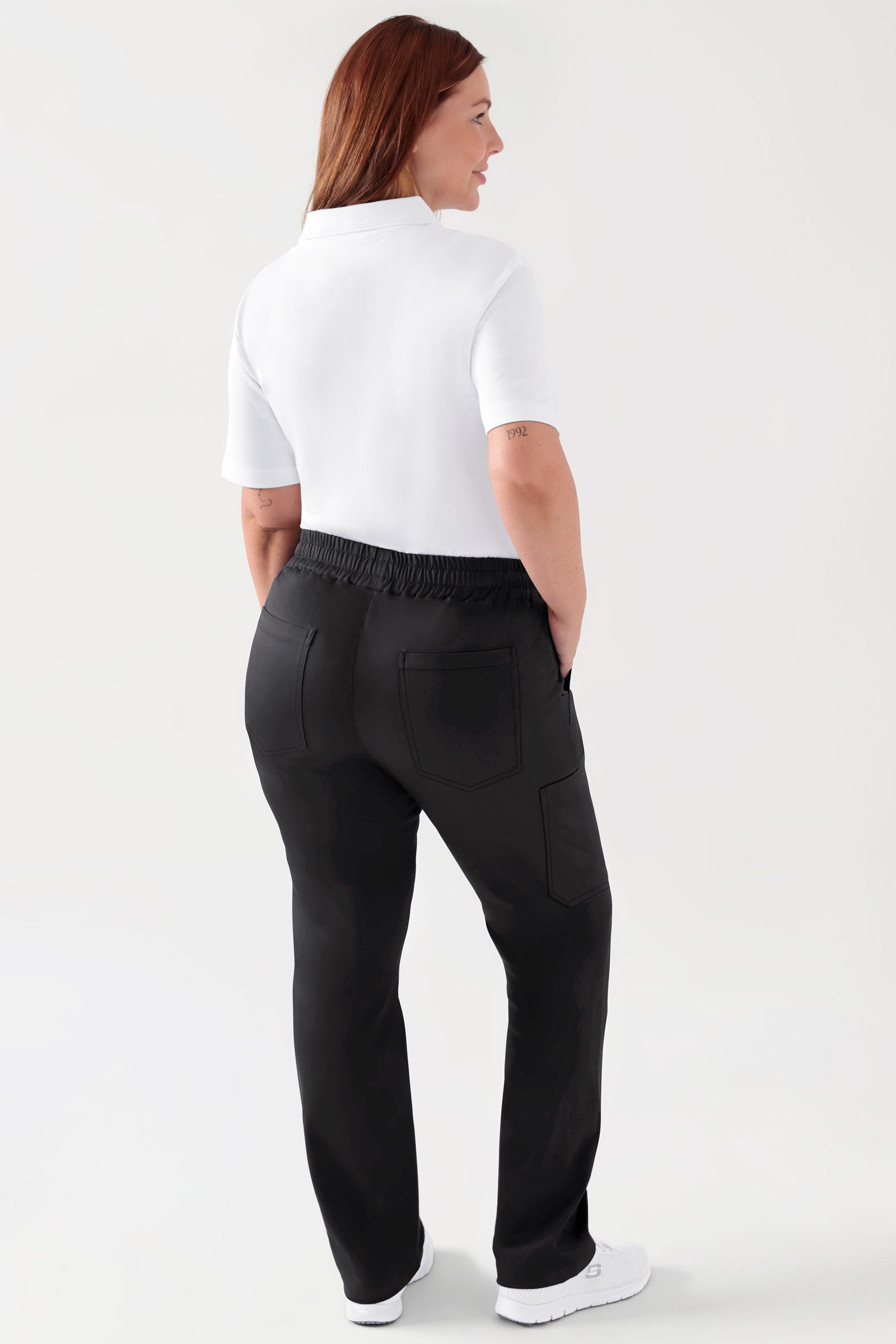 COMFY FLEX Stretch broek Unisex - 1/1 Lengte zwart, Achterzijde view Het model is 173 cm lang en draagt maat L