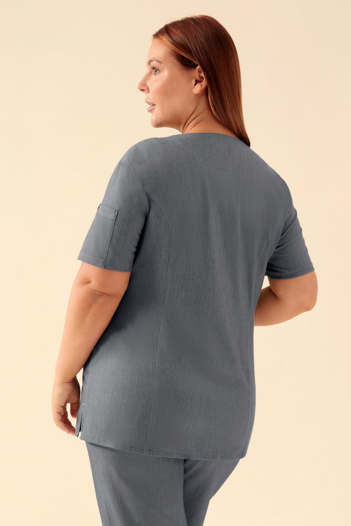 KAERE tuniek dames - drukknoopsluiting donkergrijs melange, Achterzijde view Het model is 173 cm lang en draagt maat XL