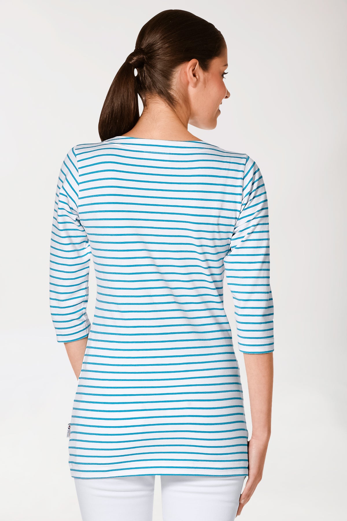 Long-shirt dames - 3/4 mouw turquoise/wit, Achterzijde view
