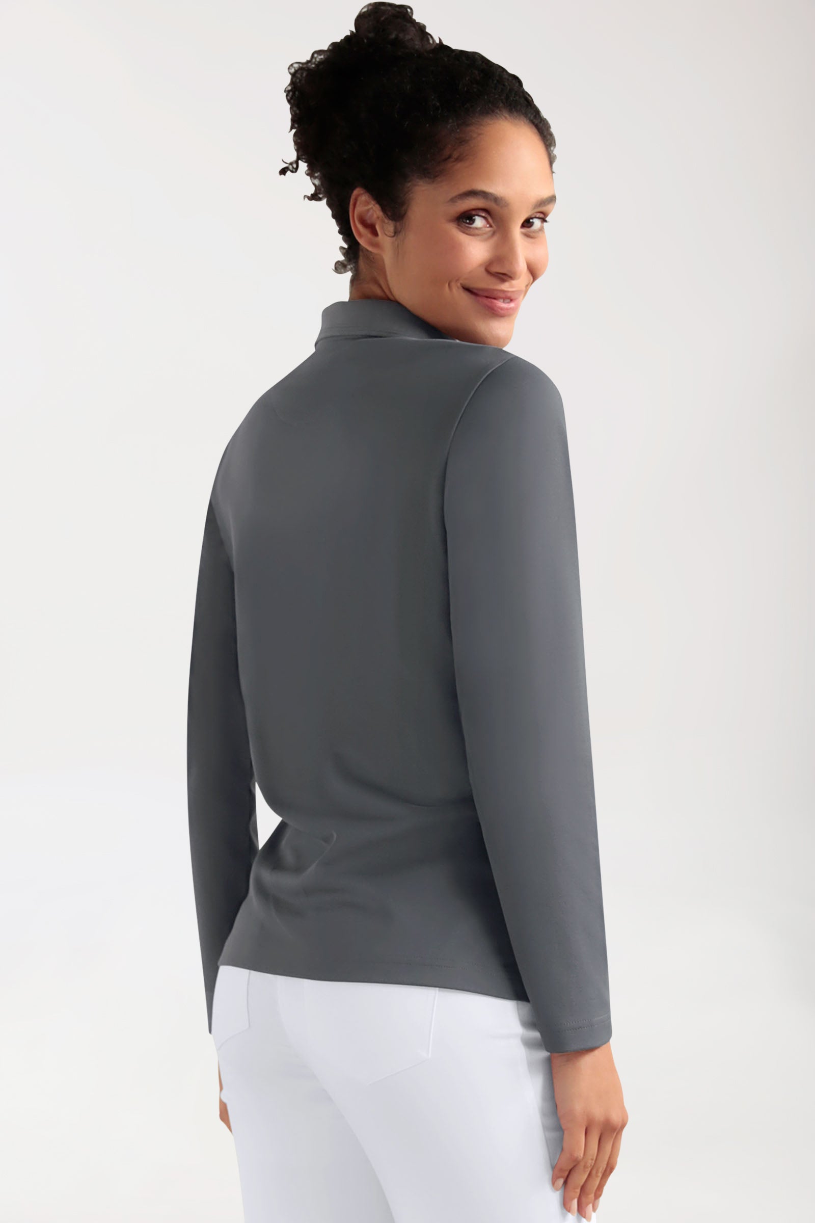 COMFY FLEX stretch longsleeve dames double face piqué - polokraag steengrijs, Achterzijde view