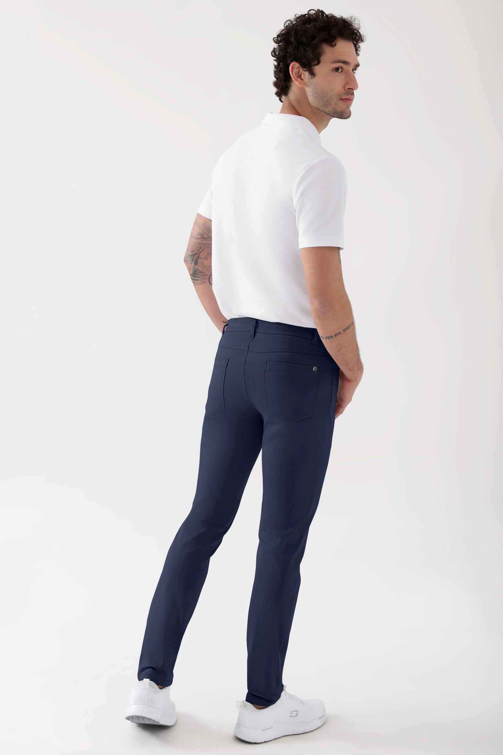 COMFY FLEX 5-pocket broek heren - slanke pijp navy, Achterzijde view Het model is 188 cm lang en draagt maat 48