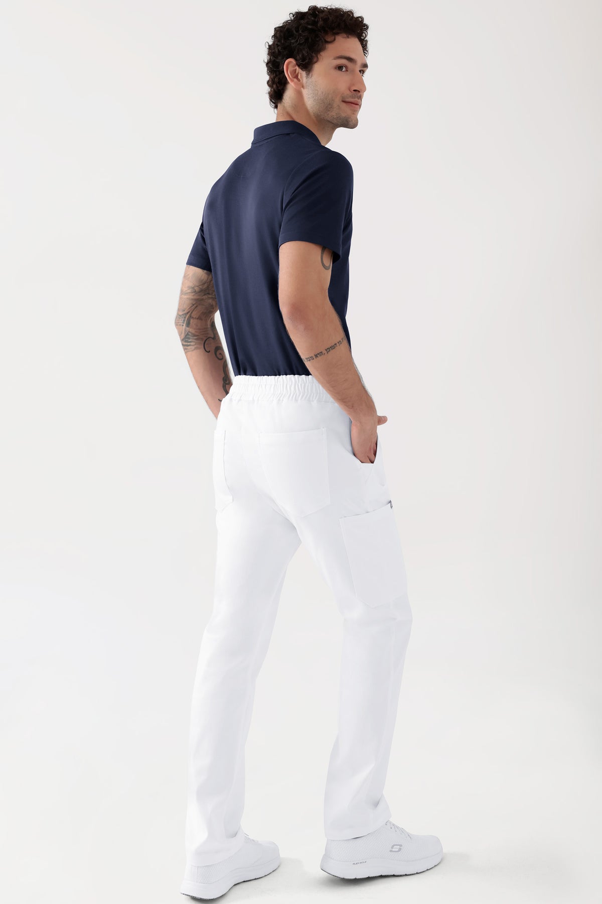COMFY FLEX Stretch broek Unisex - 1/1 Lengte wit, Achterzijde view Het model is 188 cm lang en draagt maat M