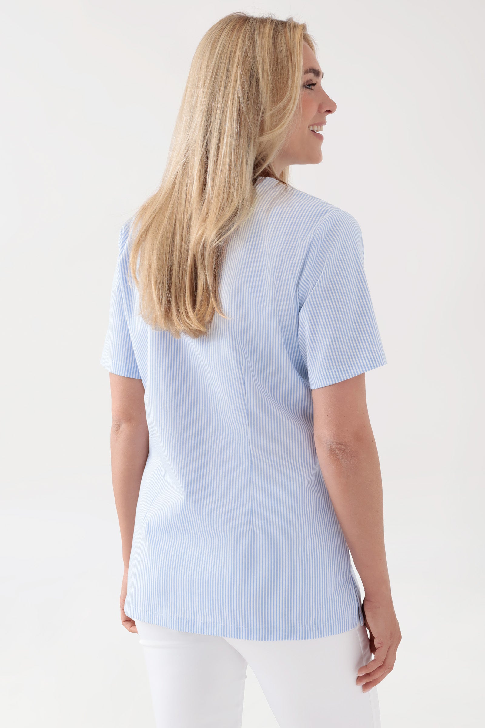 Stretch oversteektuniek dames - V-hals wit/blauw