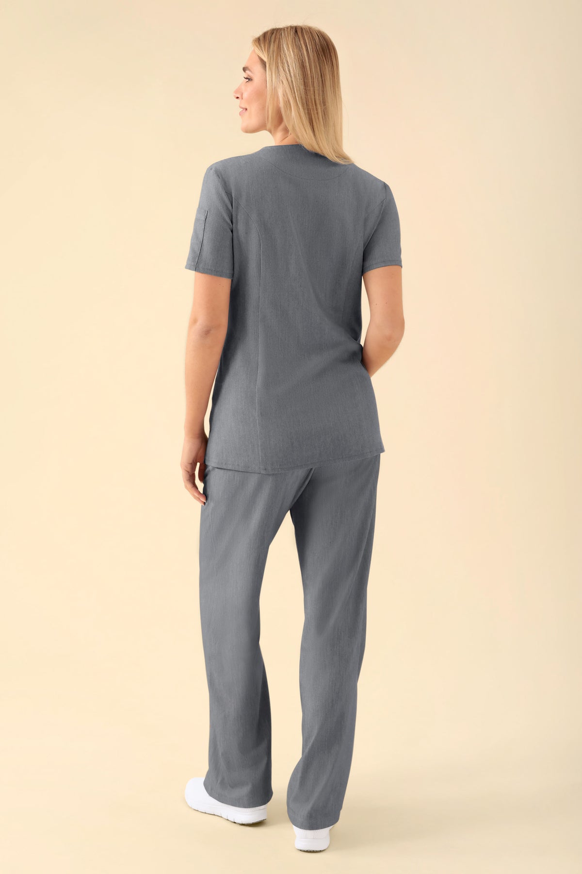 KAERE tuniek dames - drukknoopsluiting donkergrijs melange, Achterzijde view Het model is 177 cm lang en draagt maat S