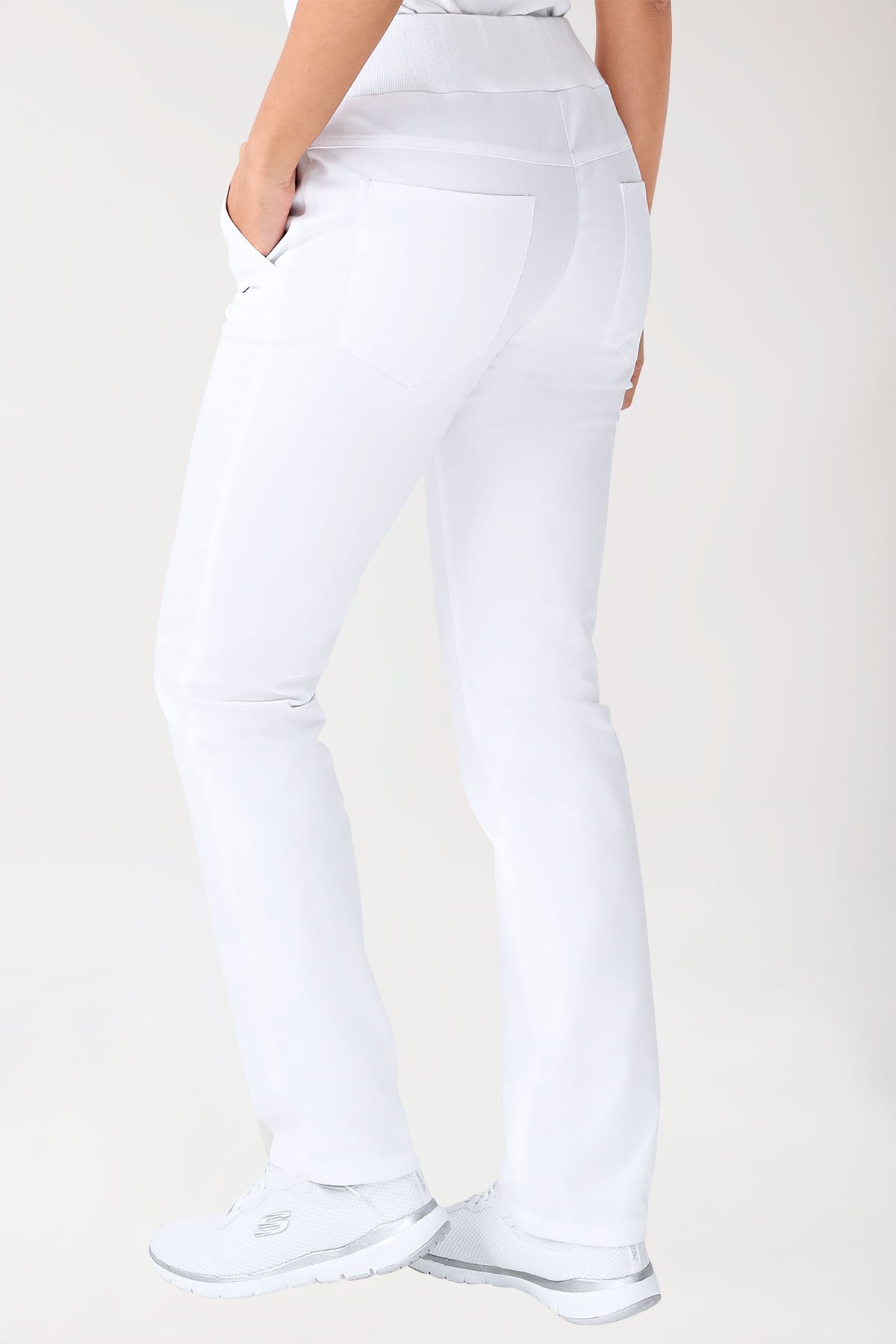 Stretchbroek dames -zijzakken- gebreide tailleband wit