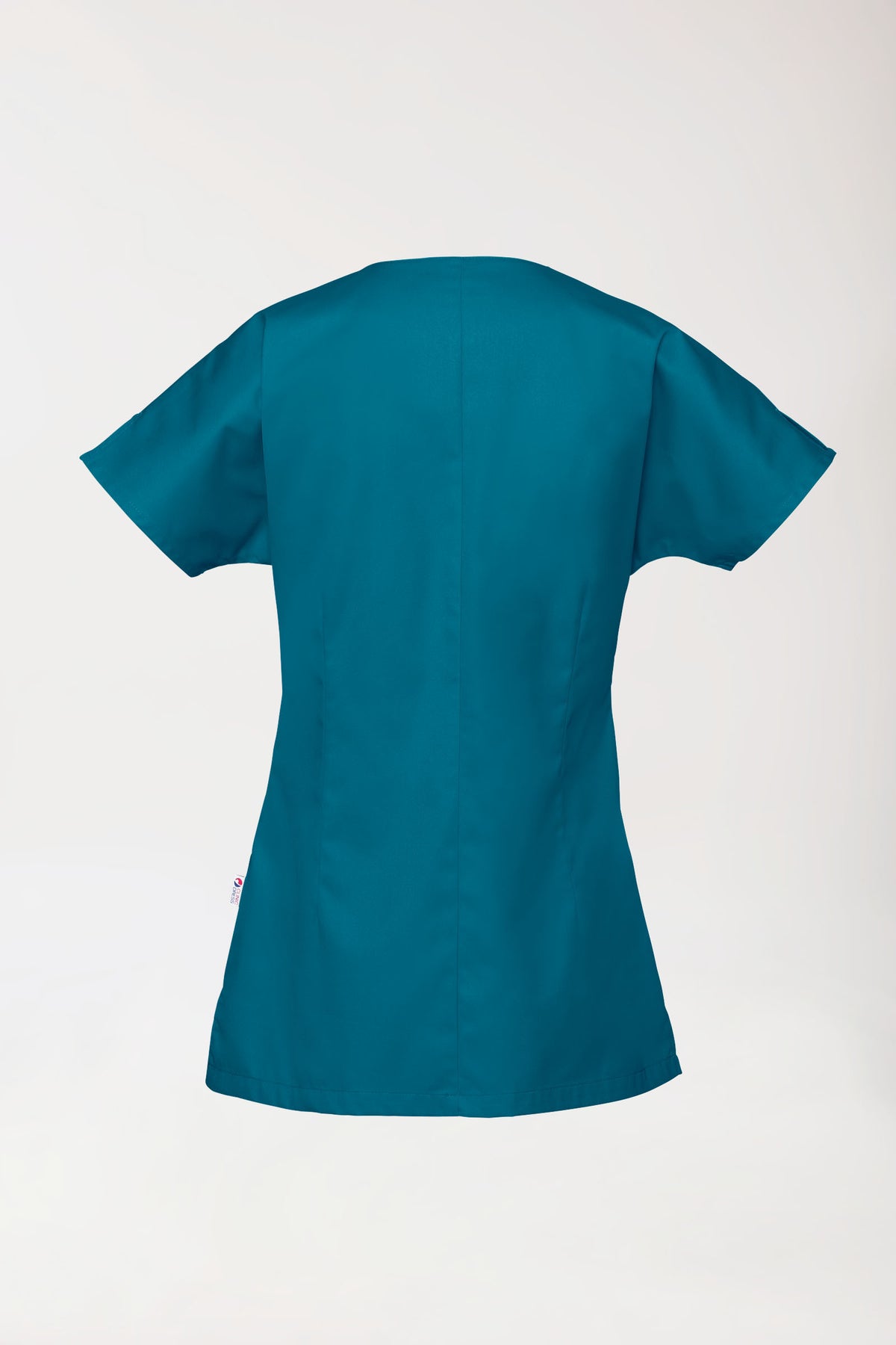 Beauty tuniek dames - asymmetrische knoopsluiting petrol, Achterzijde view