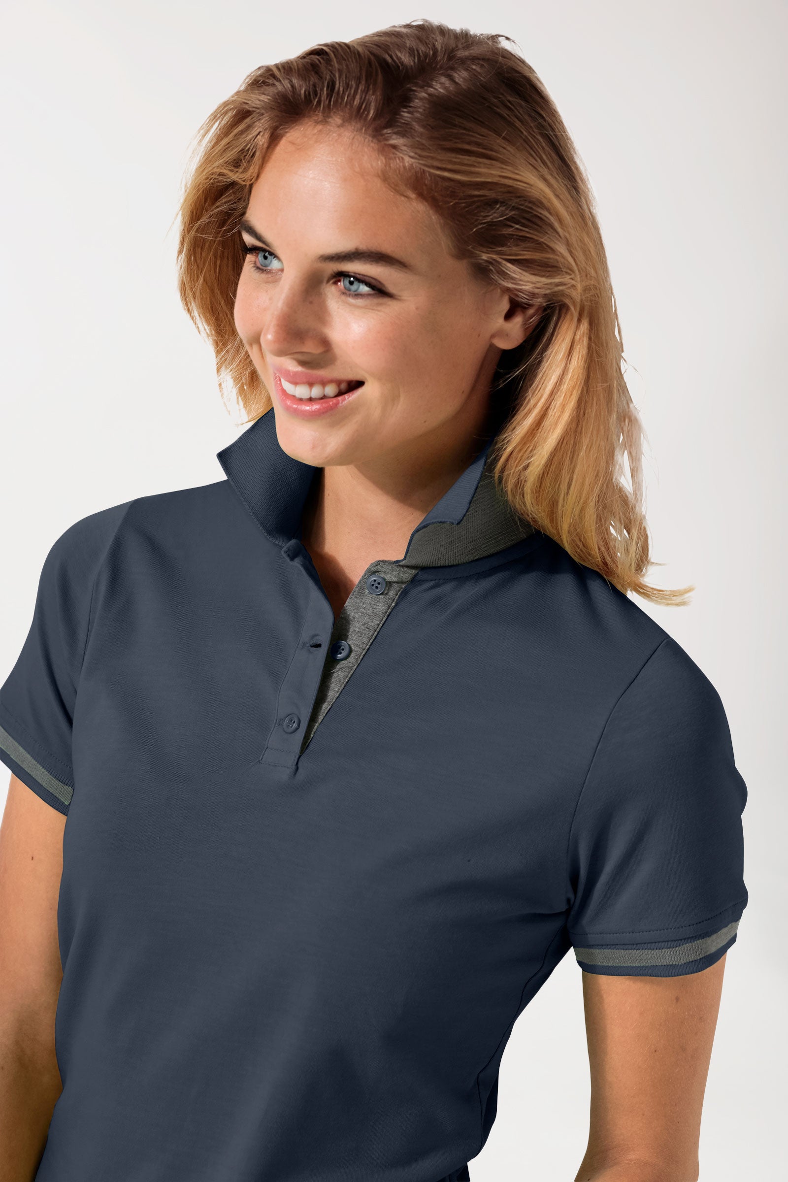 Stretch shirt dames - polokraag navy/donkergrijs melange