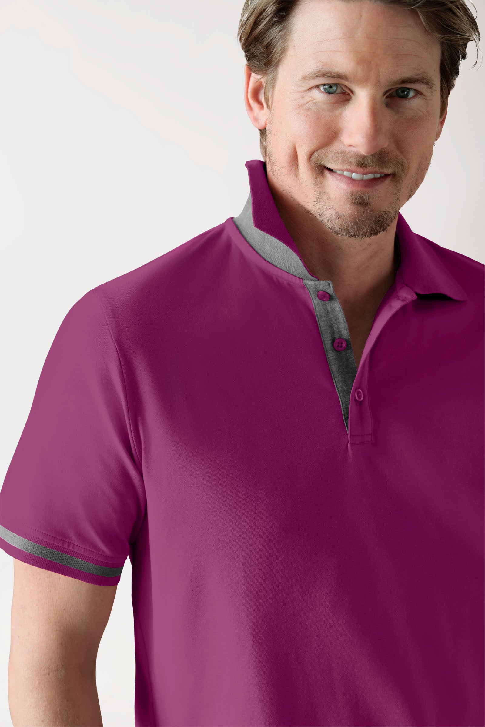 Stretch shirt heren - polokraag berry/donkergrijs melange