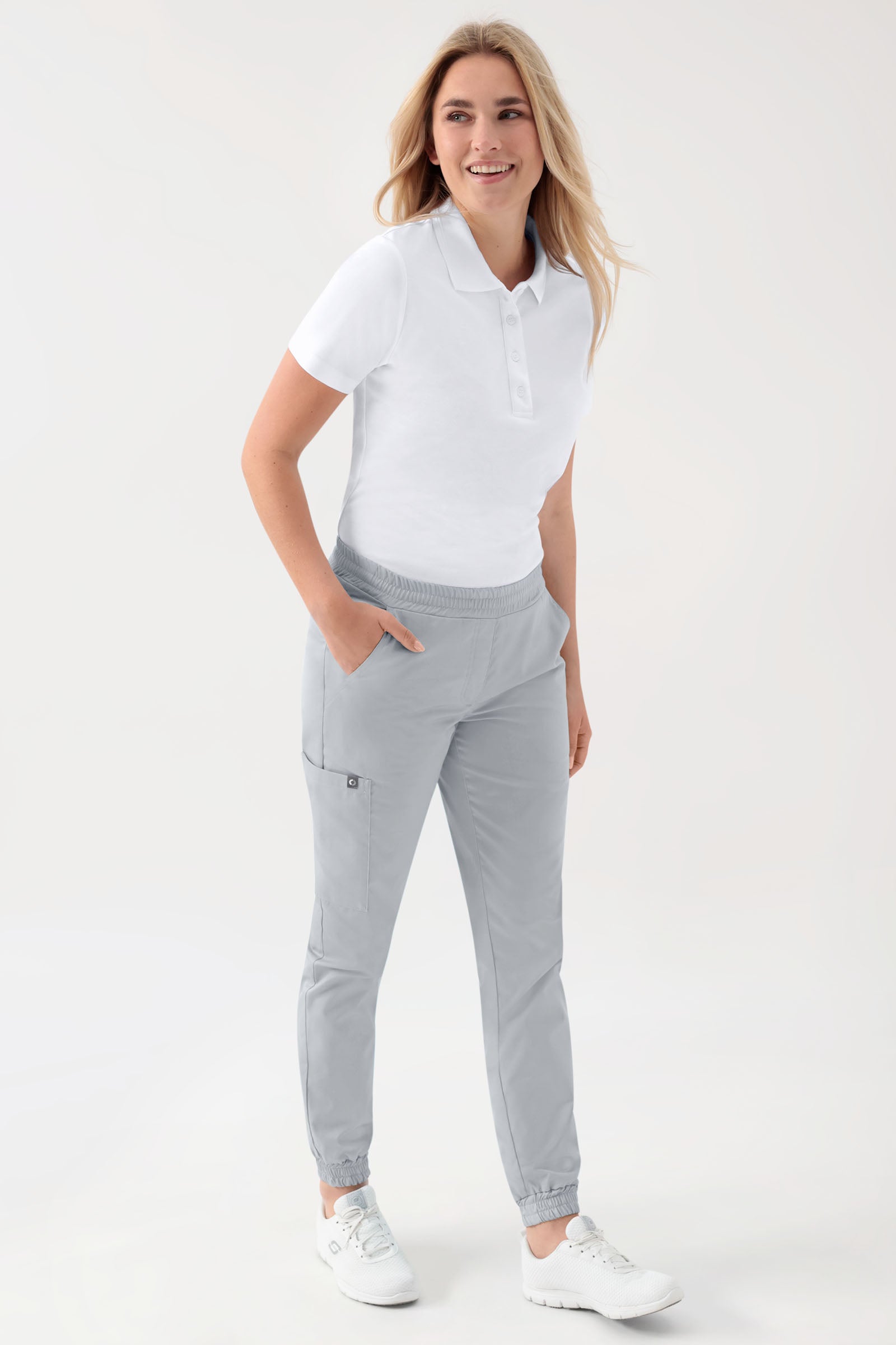 GREEN Stretch broek dames - joggingbroek style parelgrijs, Voorzijde view