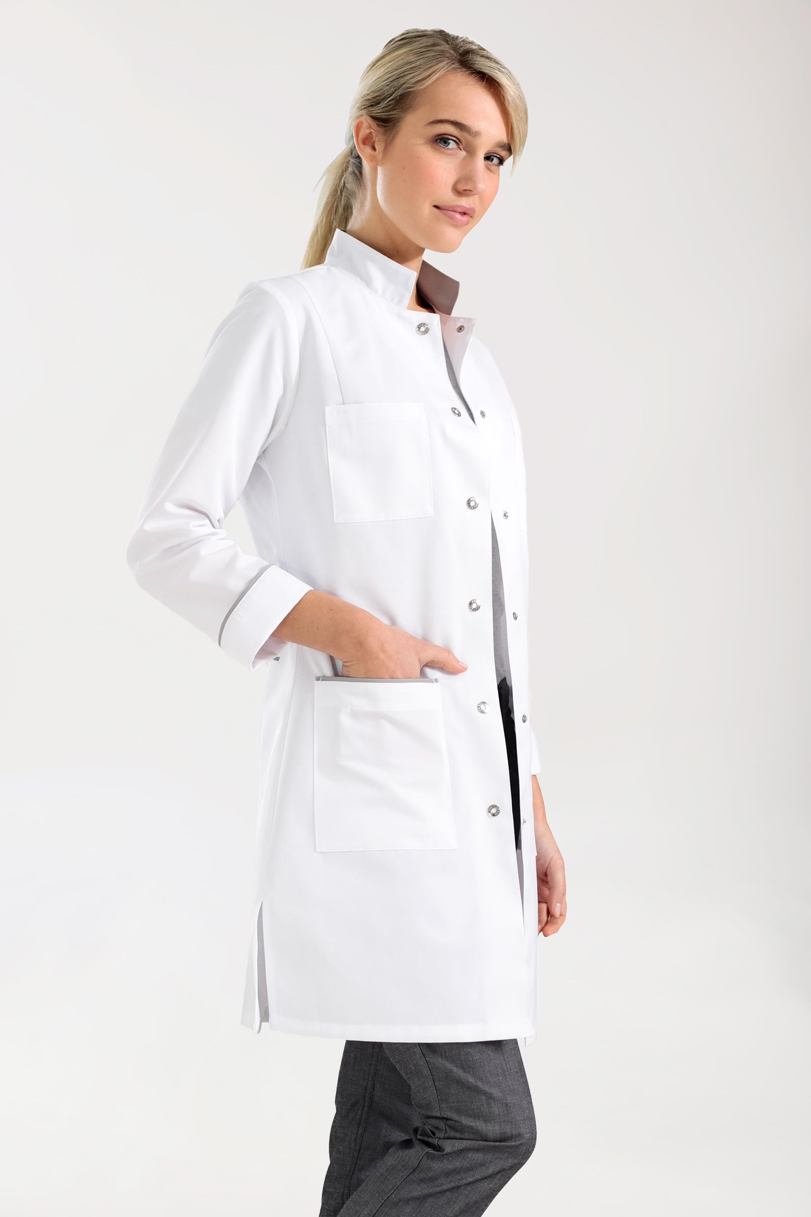 Korte jas dames - opstaande kraag wit/grijs