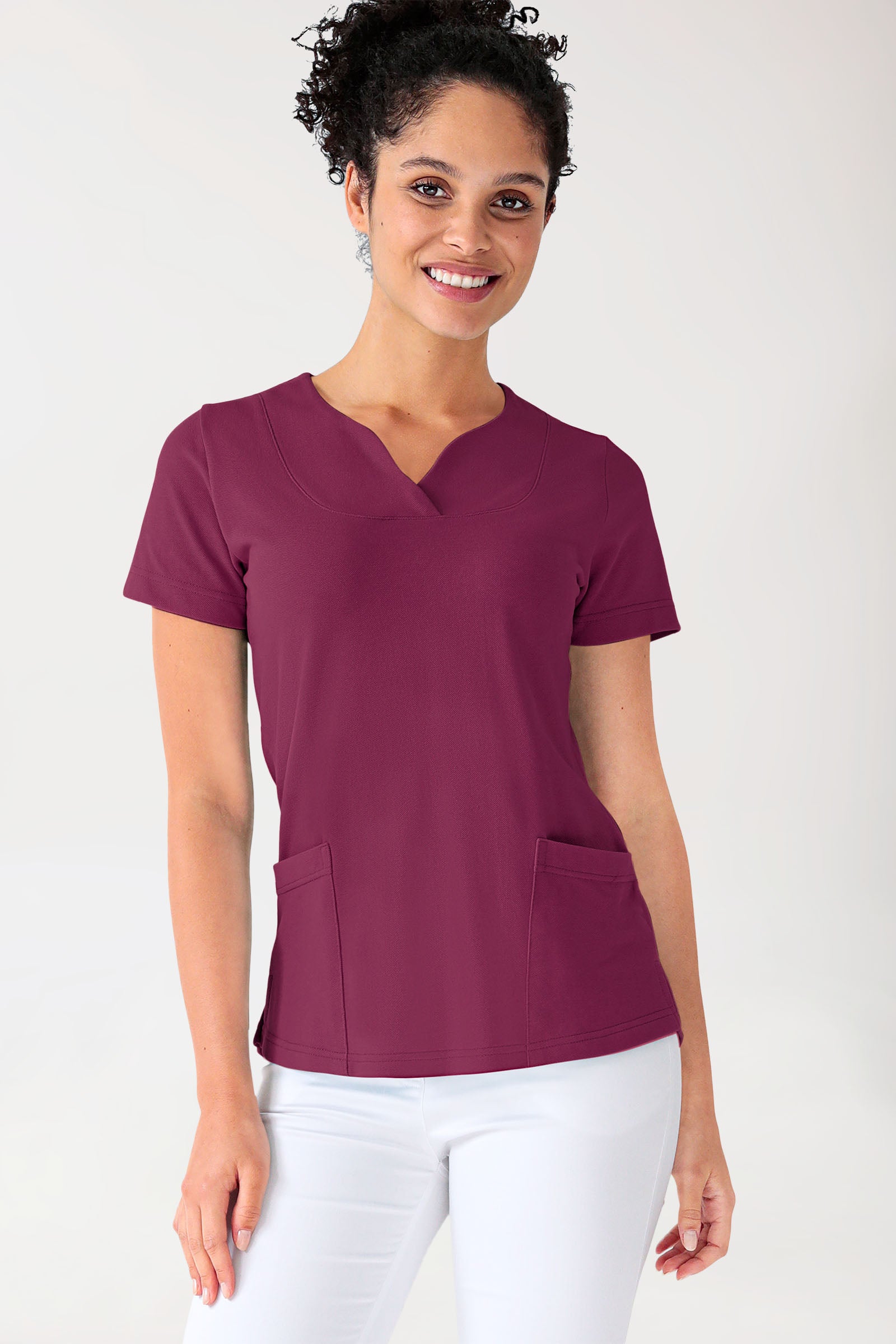 Piqué long-shirt dames - diagonale halslijn berry