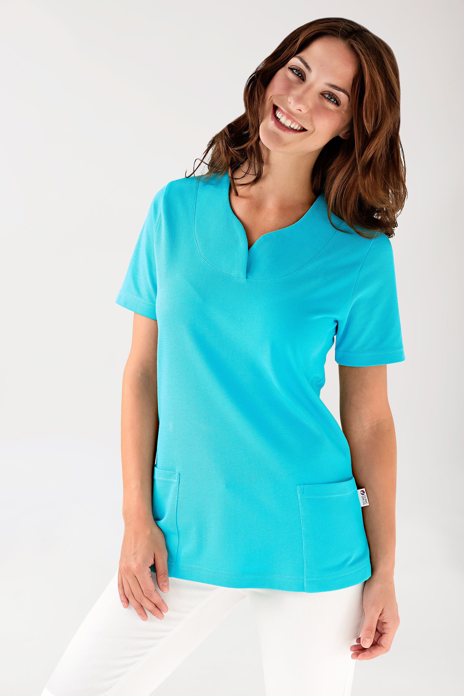 Piqué long-shirt dames - diagonale halslijn blue curaçao
