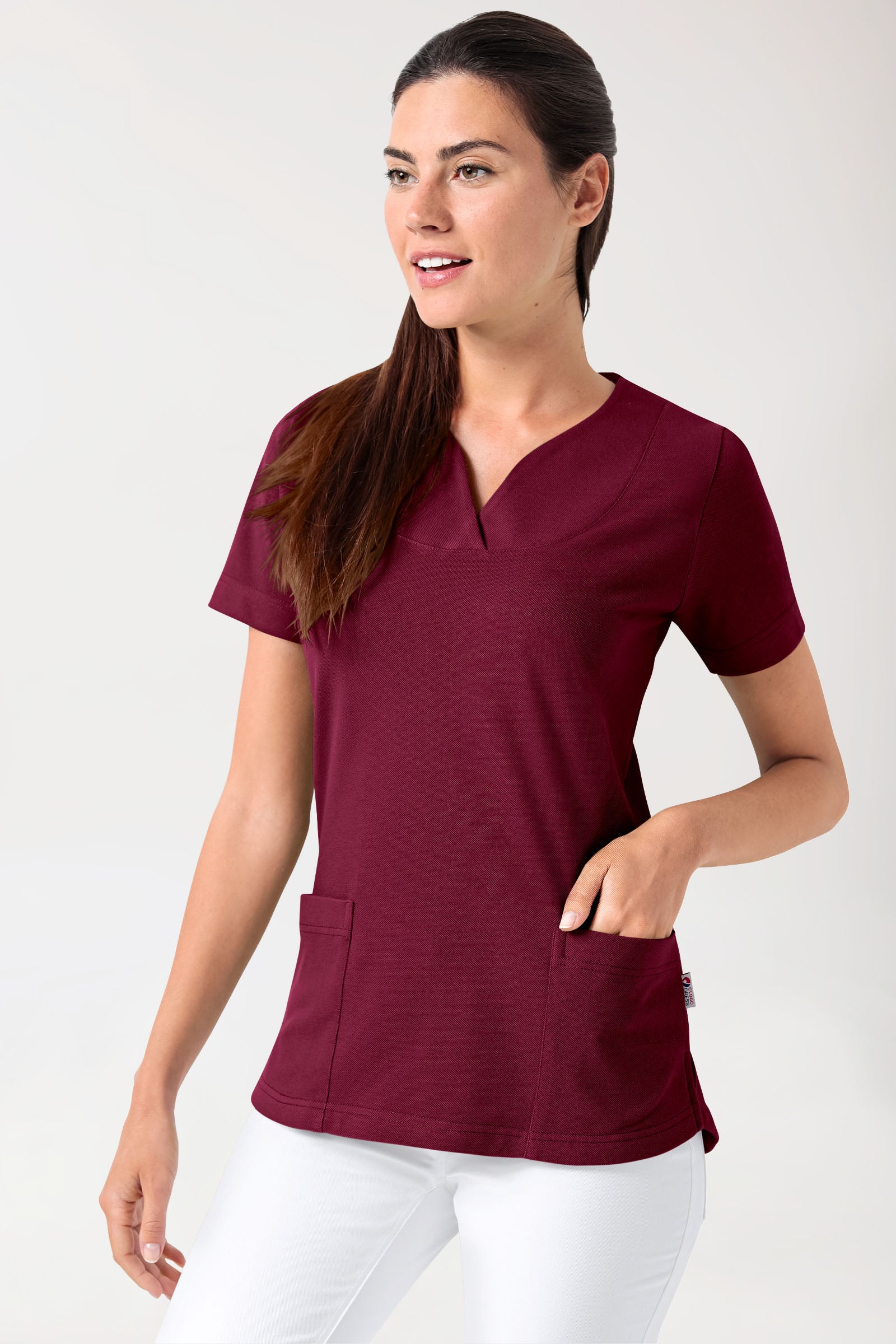 Piqué long-shirt dames - diagonale halslijn bordeaux
