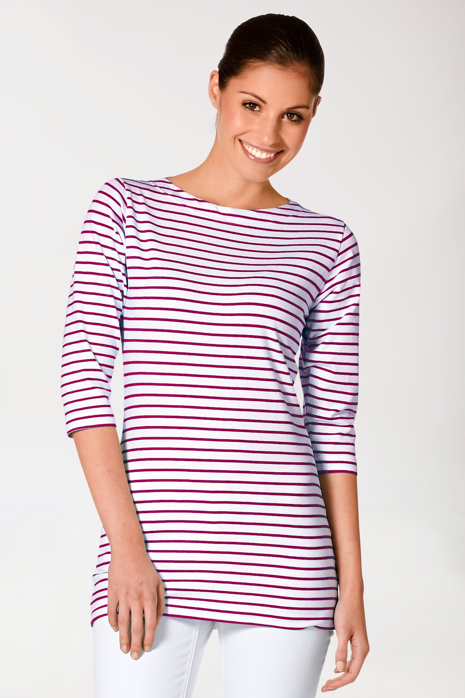 Long-shirt dames - 3/4 mouw bordeaux/wit