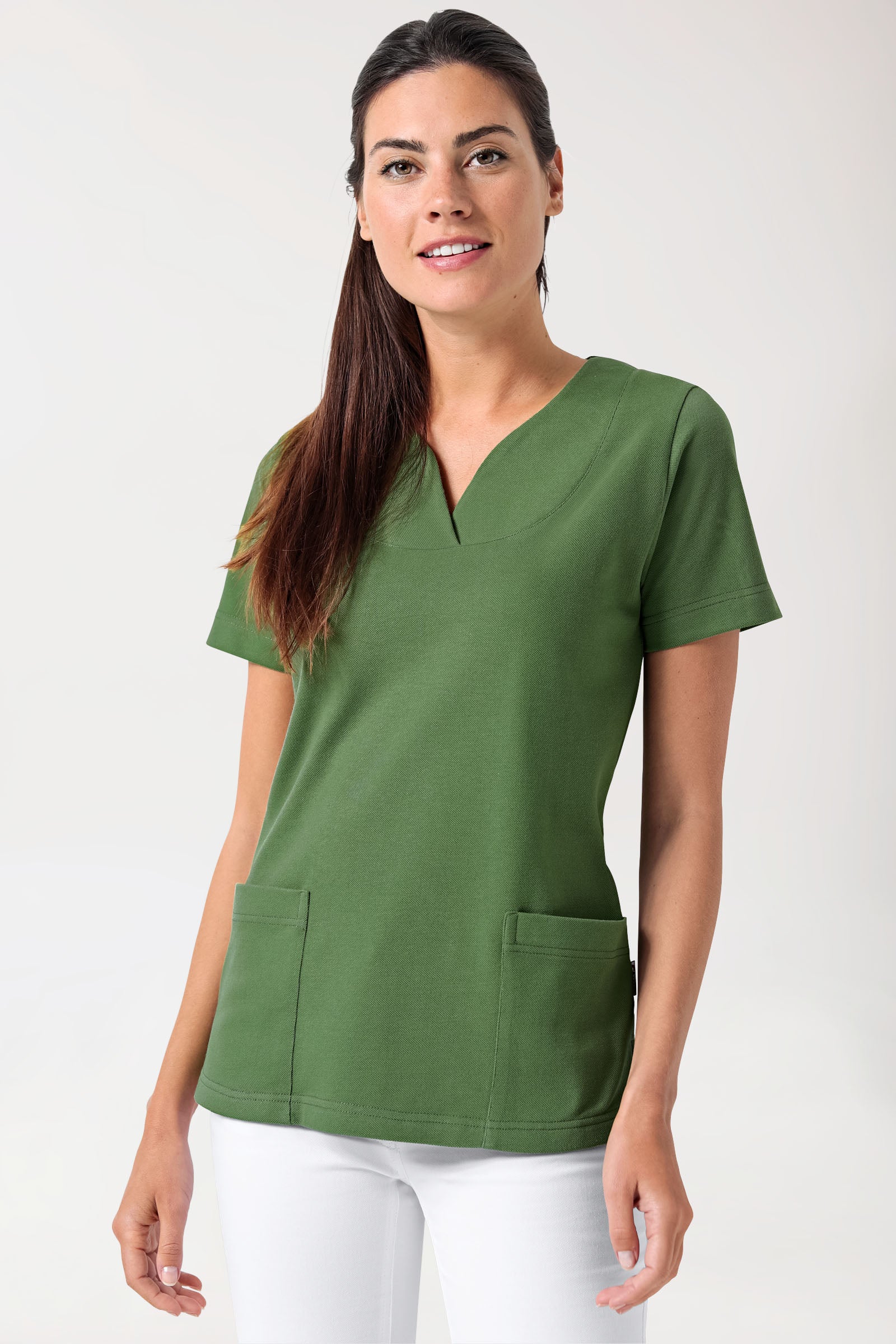Piqué long-shirt dames - diagonale halslijn grasgroen