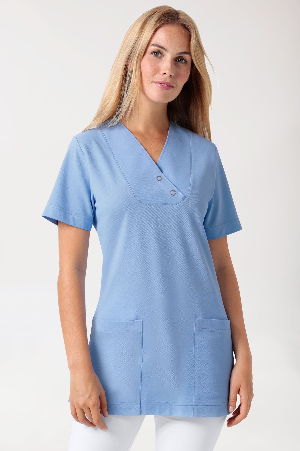 Piqué long-shirt dames - V-hals hemelsblauw, Voorzijde view