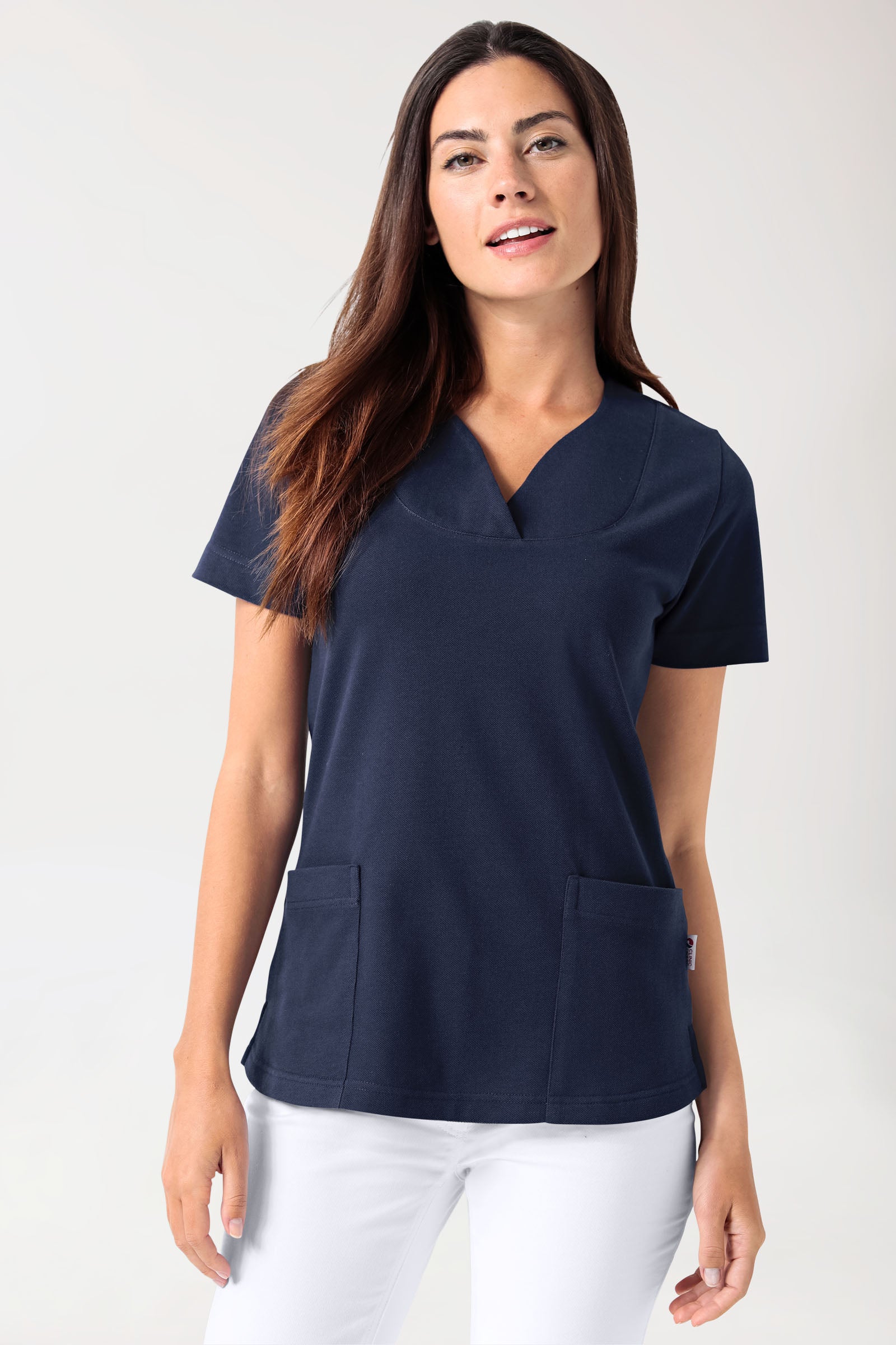 Piqué long-shirt dames - diagonale halslijn navy