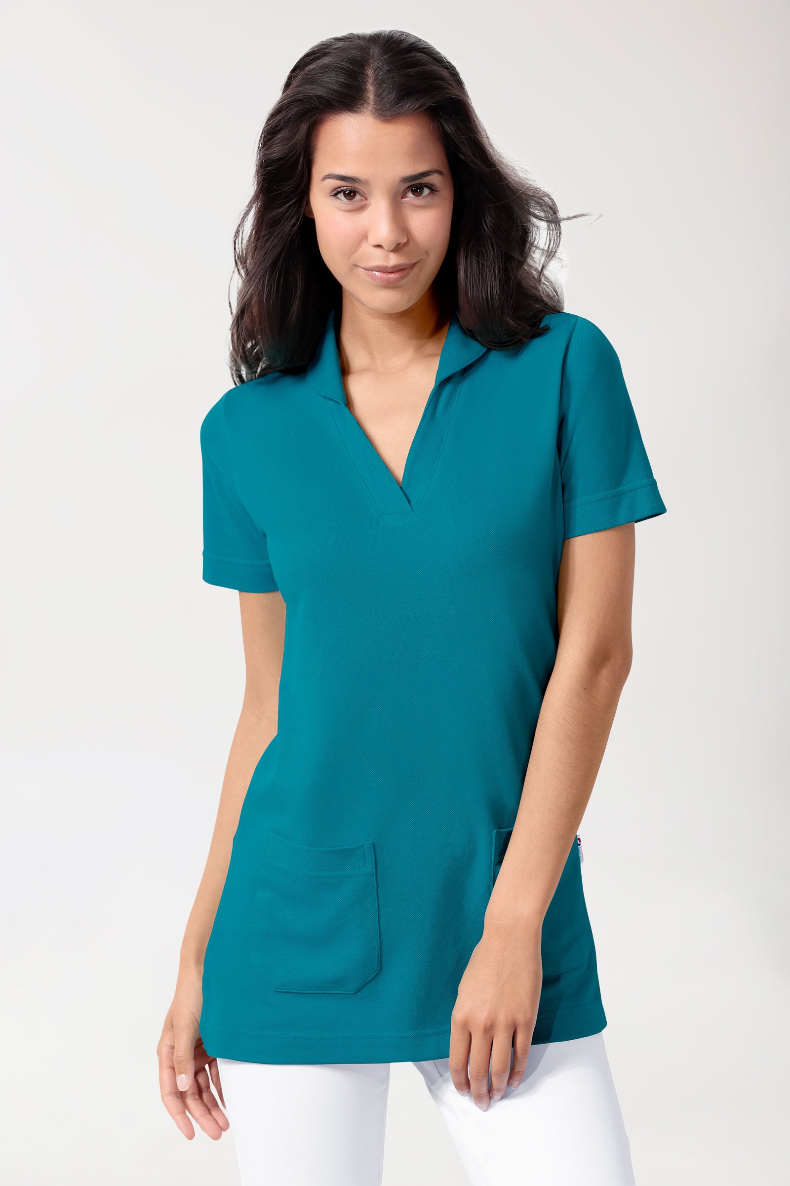 Piqué long-shirt dames - met kraag petrol