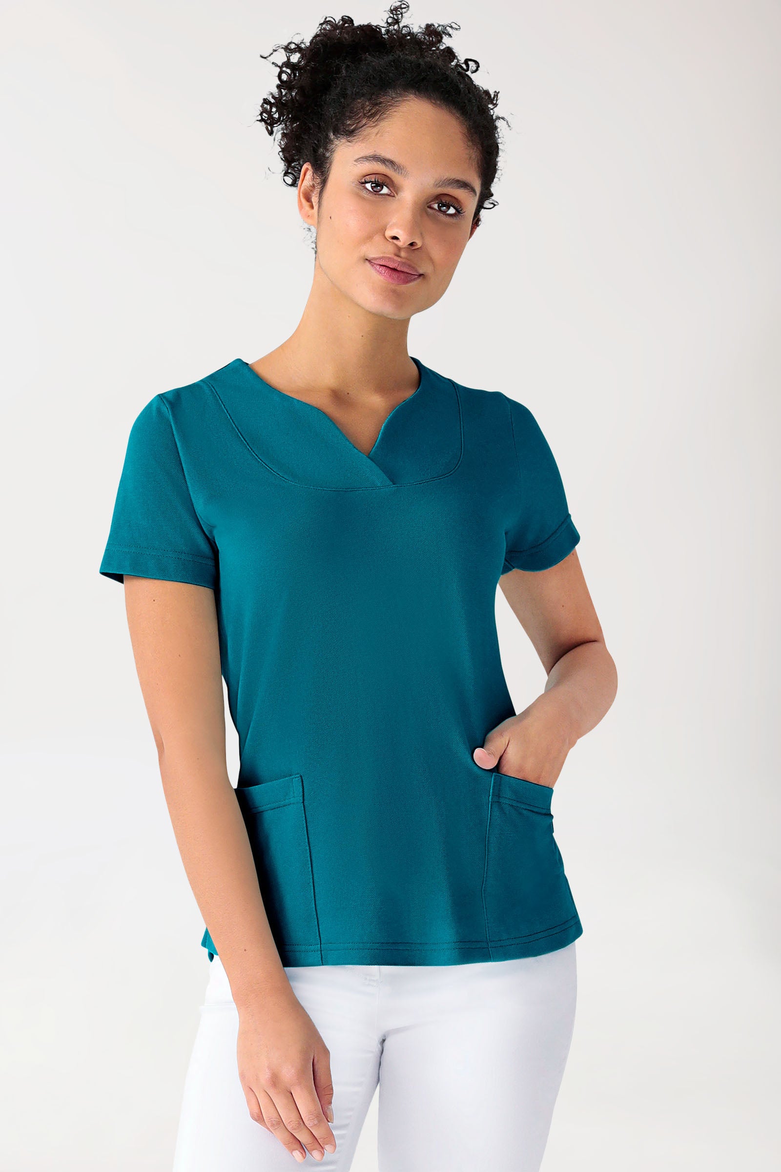 Piqué long-shirt dames - diagonale halslijn petrol