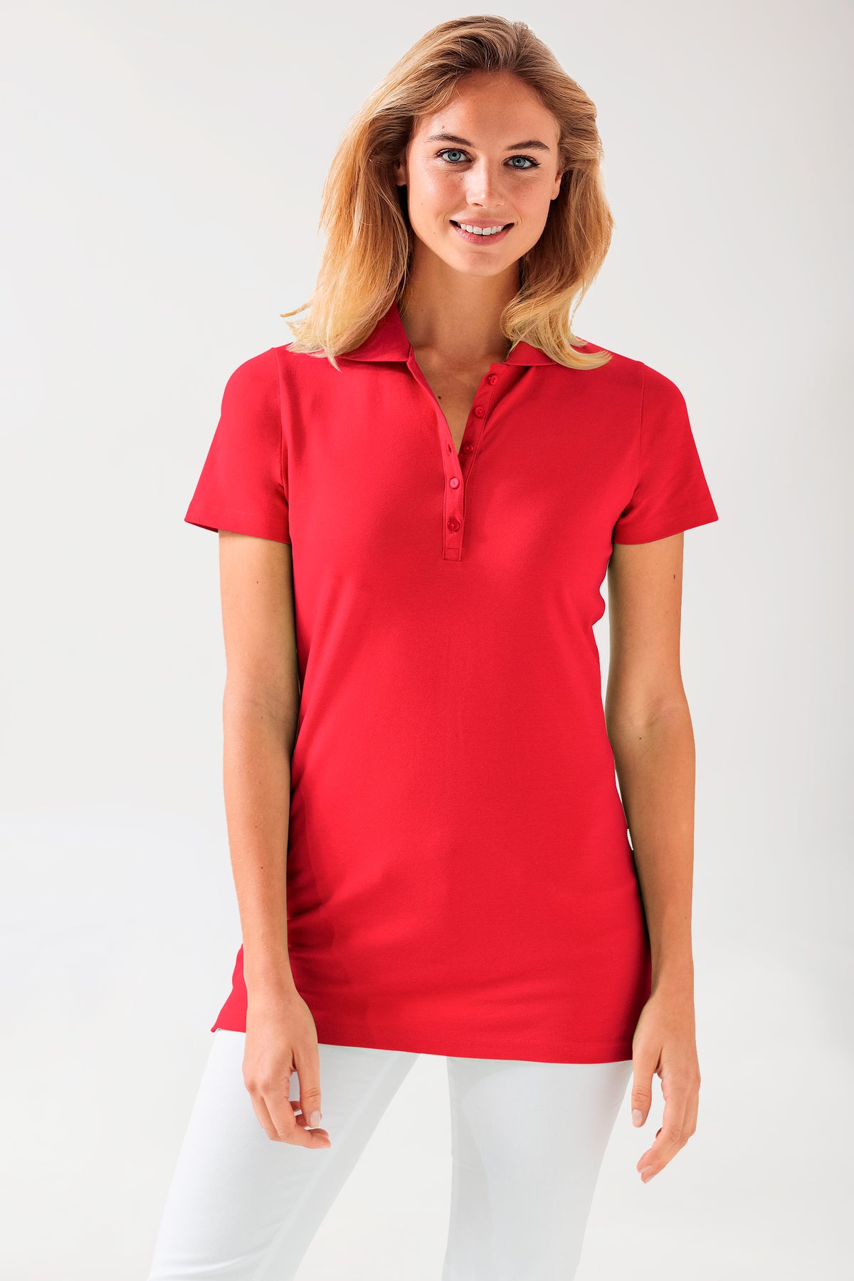 Stretch longshirt dames - polokraag rood, Voorzijde view
