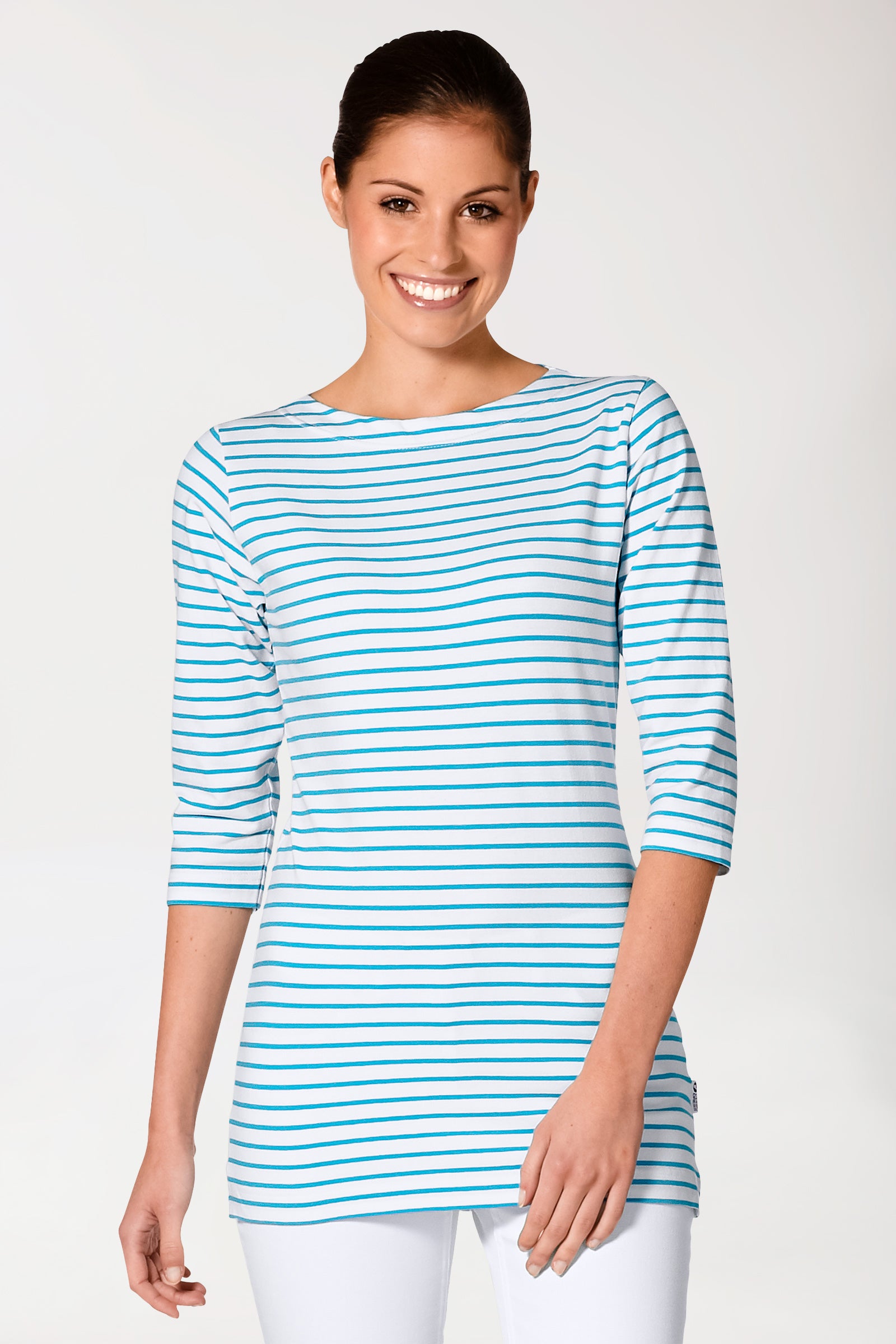 Long-shirt dames - 3/4 mouw turquoise/wit