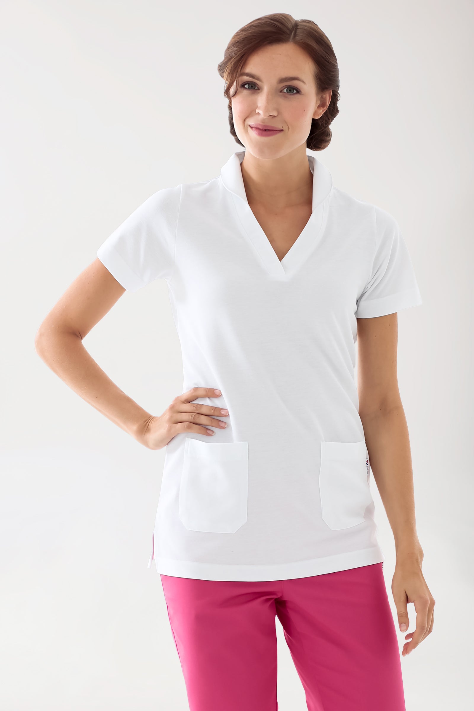 Piqué long-shirt dames - met kraag wit