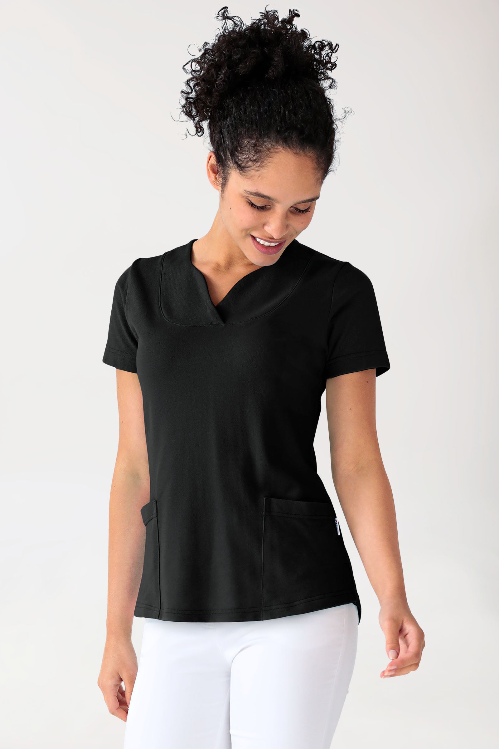 Piqué long-shirt dames - diagonale halslijn zwart