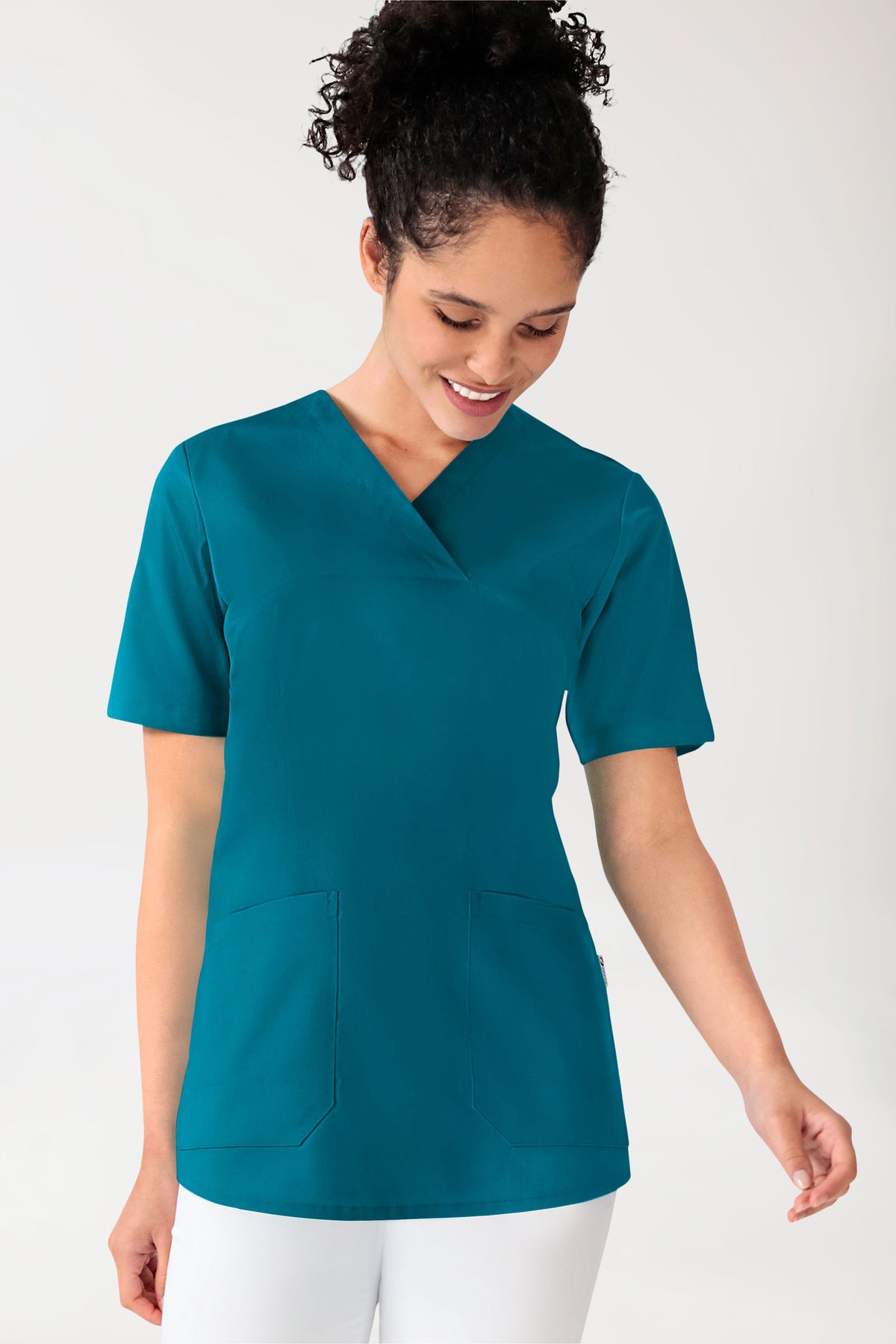 Stretch longshirt dames - V-hals petrol, Voorzijde view
