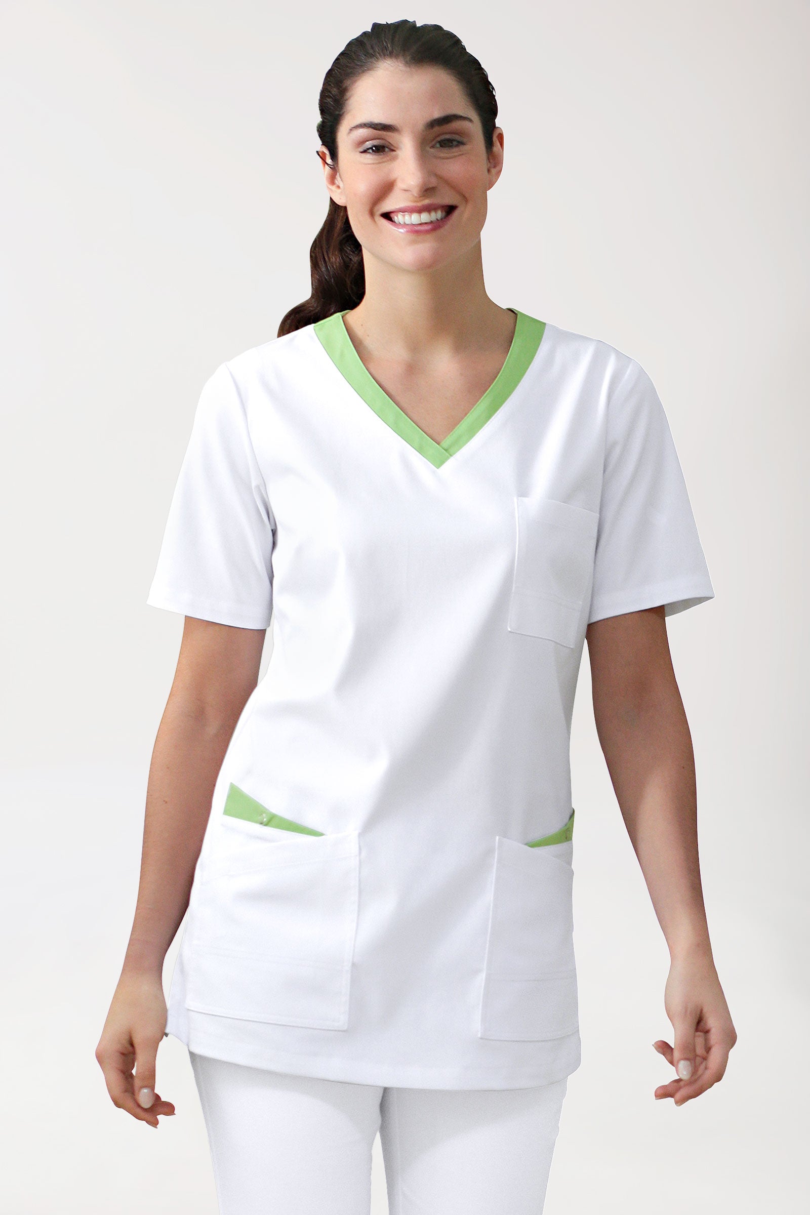 CLINIC STRETCH oversteektuniek dames - 1/2 mouw wit/appelgroen