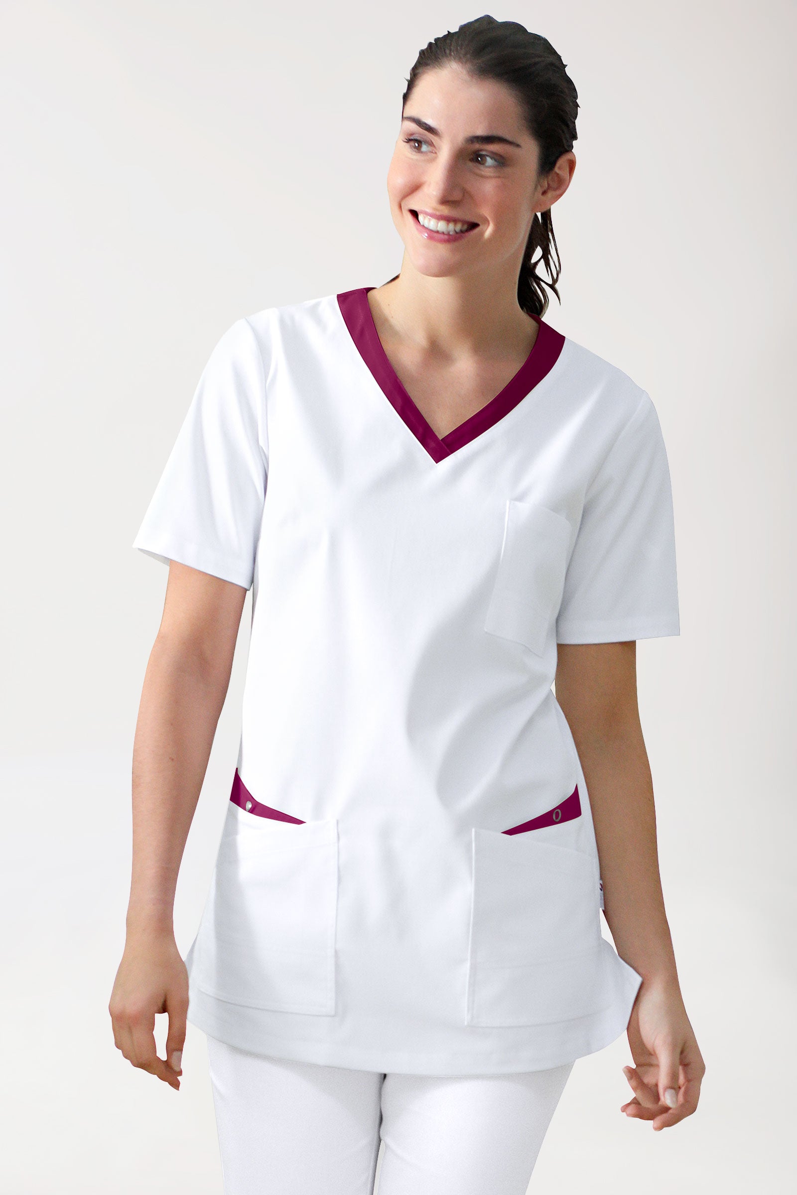 CLINIC STRETCH oversteektuniek dames - 1/2 mouw wit/berry