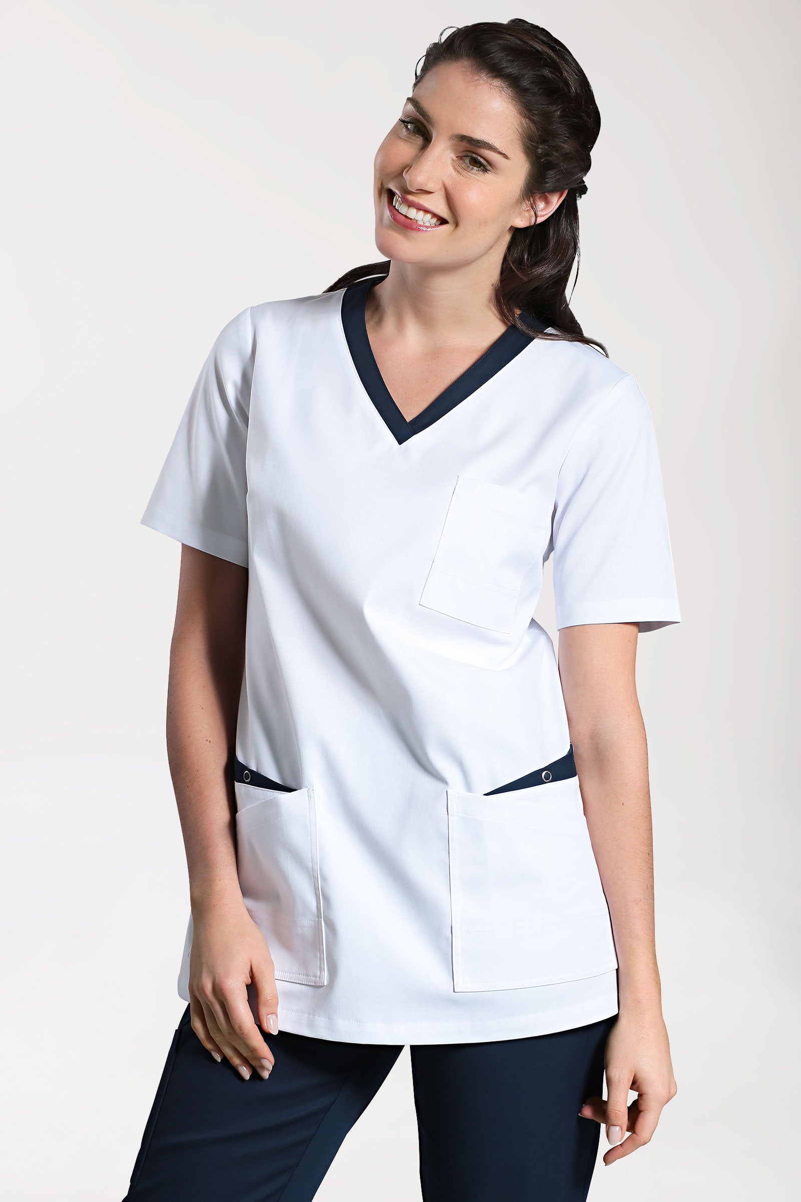 CLINIC STRETCH oversteektuniek dames - 1/2 mouw wit/navy