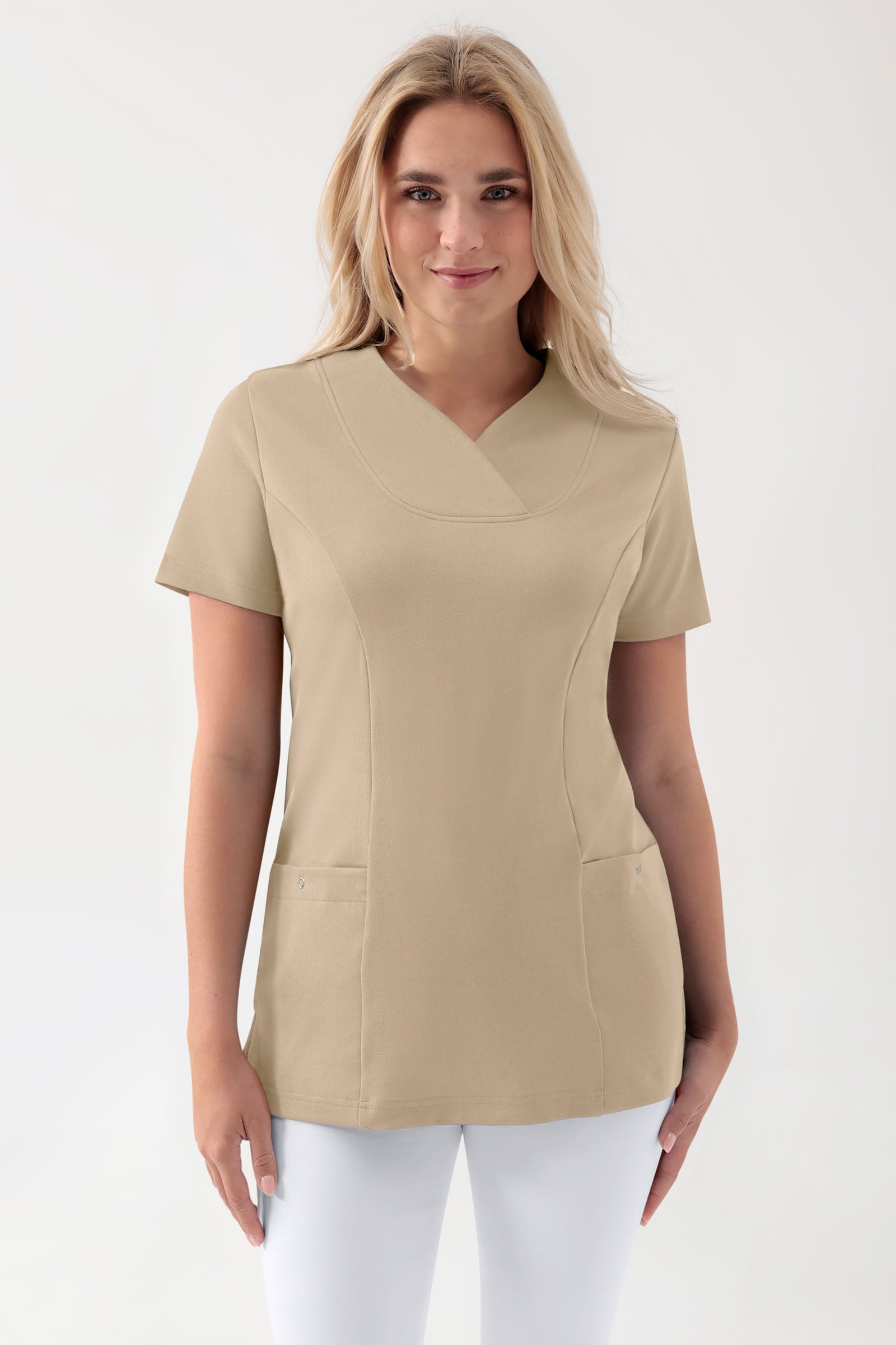 COMFY FLEX stretch oversteektuniek dames - hartvormige hals zand