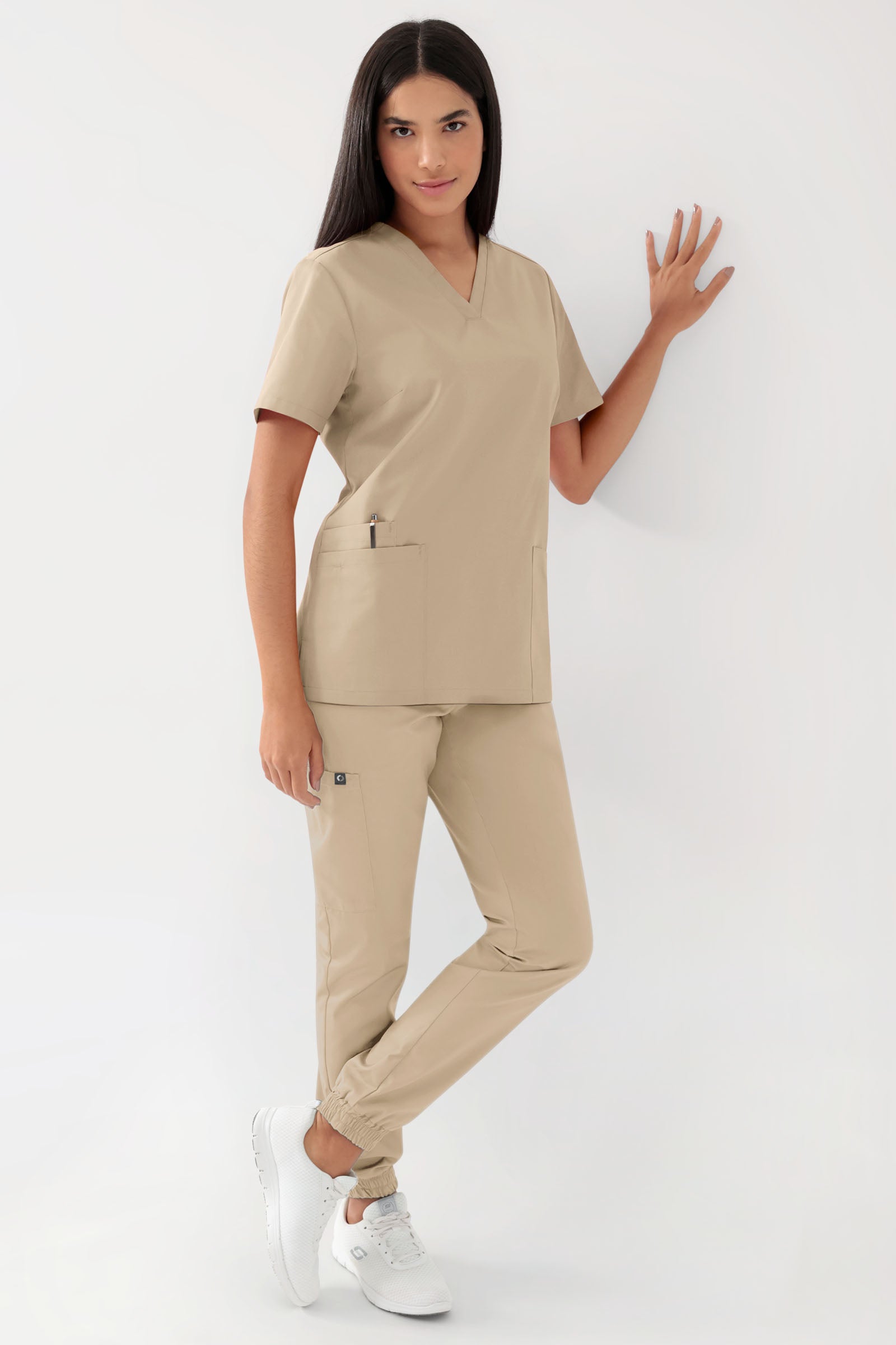 GREEN Stretch oversteektuniek dames - V-hals zand