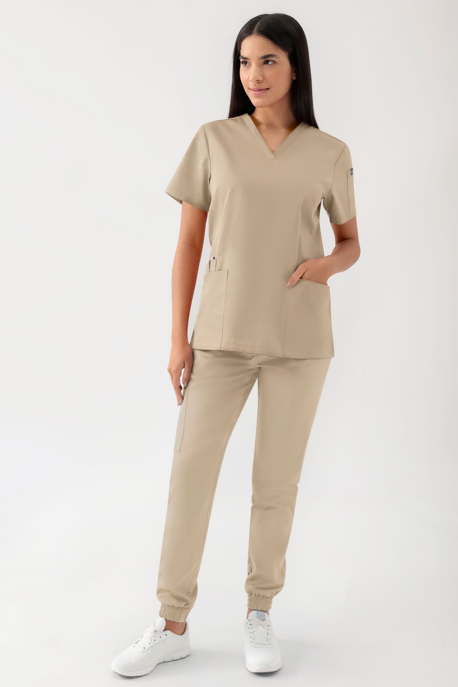 GREEN Stretch oversteektuniek dames - V-hals zand