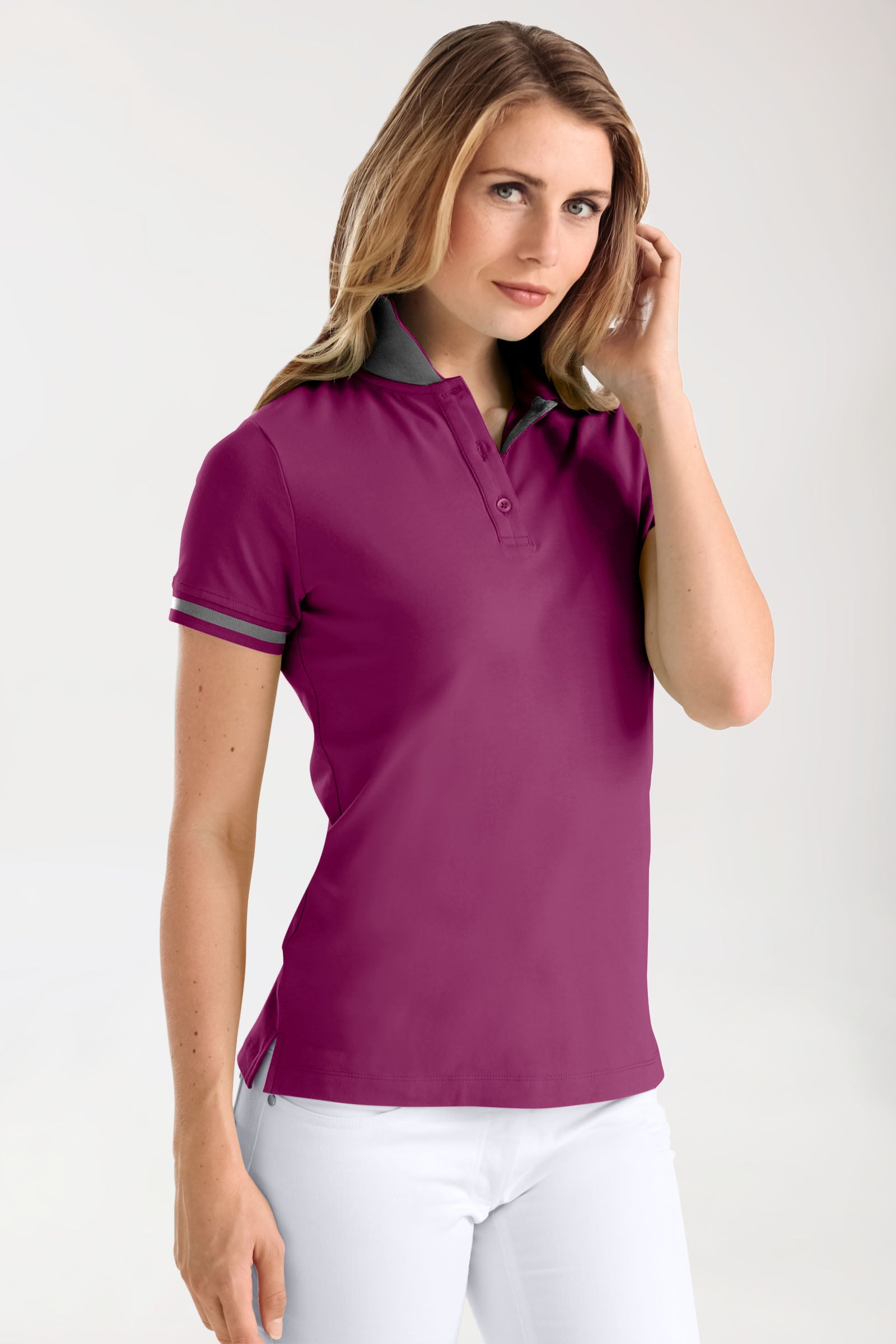 Stretch shirt dames - polokraag berry/donkergrijs melange