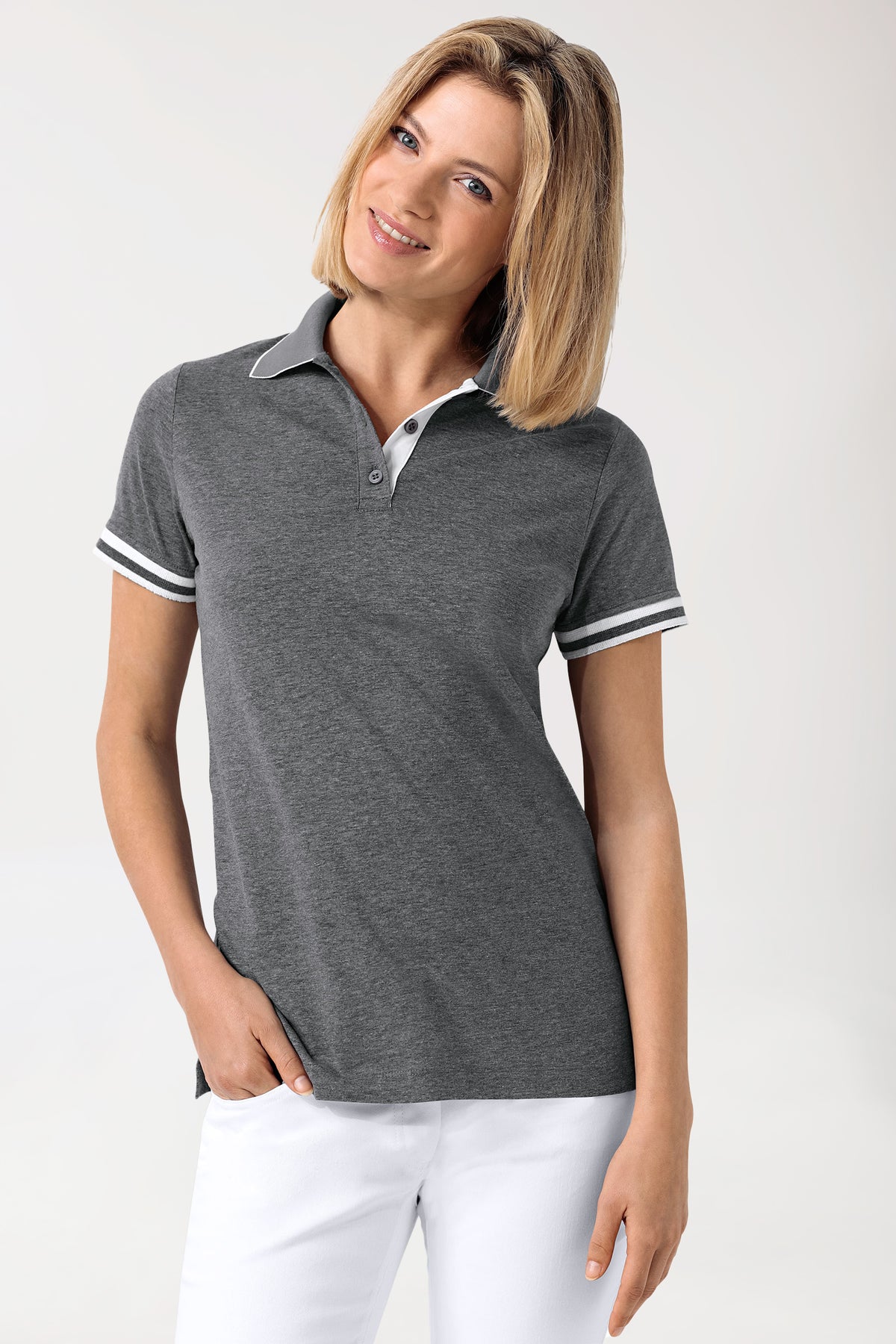 Stretch shirt dames - polokraag donkergrijs melange/wit