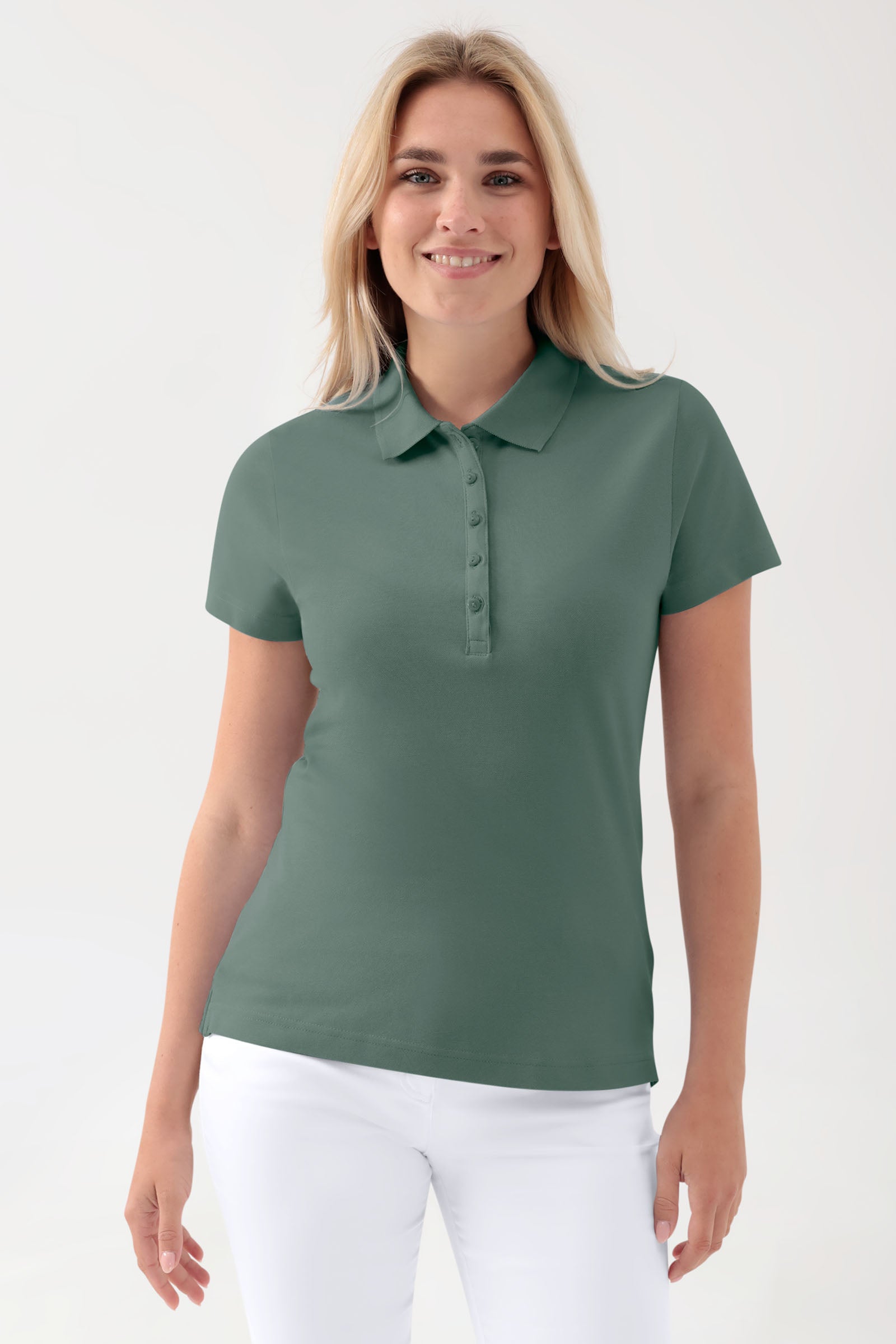 Stretch shirt dames - polokraag donkergroen, Voorzijde view