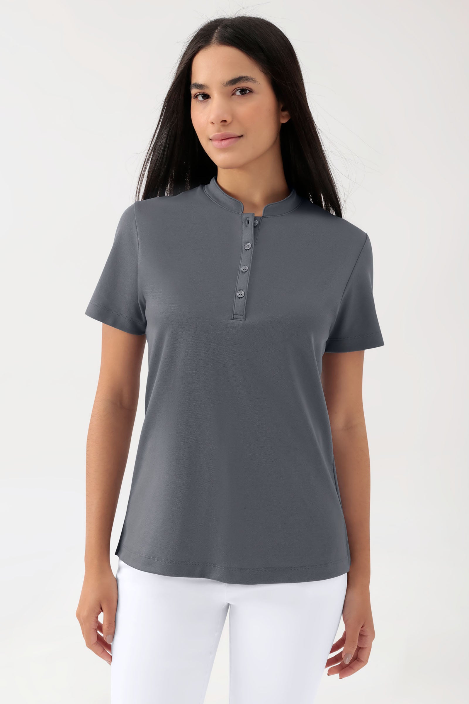 COMFY FLEX stretch shirt dames - opstaande kraag steengrijs, Voorzijde view