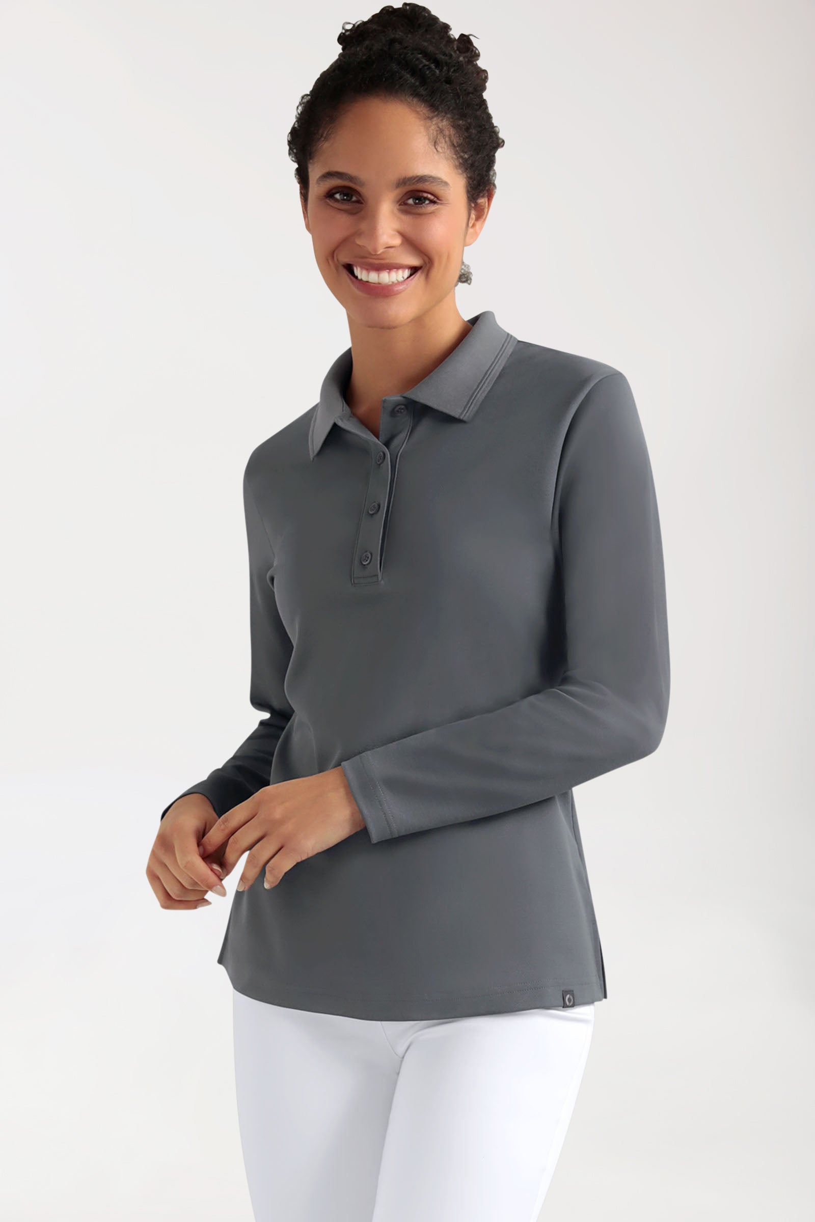 COMFY FLEX stretch longsleeve dames double face piqué - polokraag steengrijs