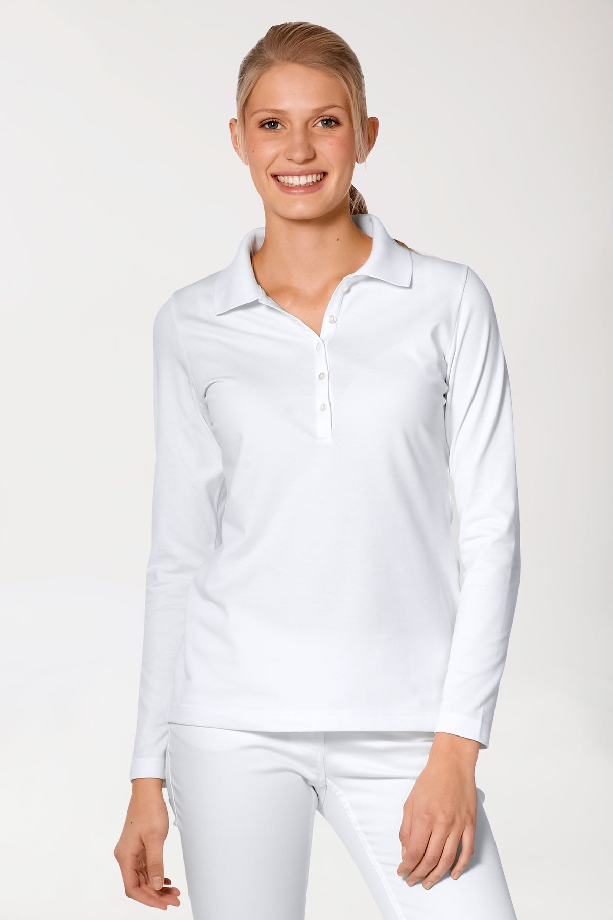 Stretch shirt dames - 1/1 mouw met polokraag wit