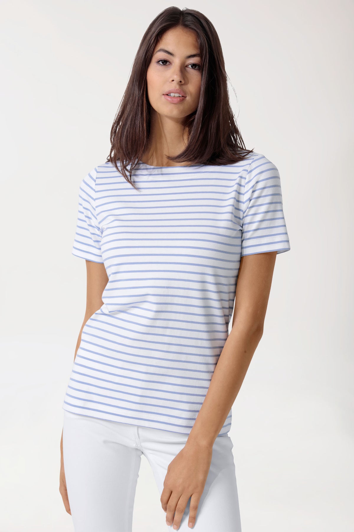 Shirt dames - 1/2 mouw wit/blauw, Voorzijde view