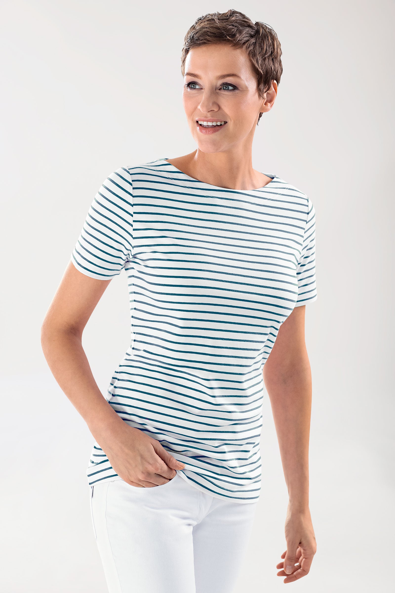 Shirt dames - 1/2 mouw wit/navy