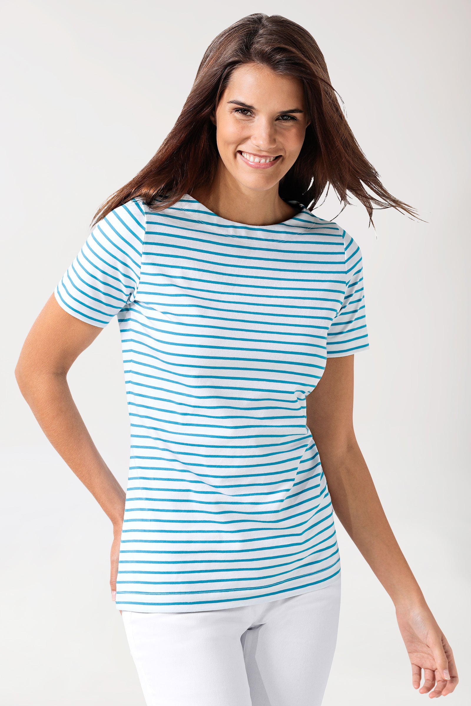 Shirt dames - 1/2 mouw wit/turquoise