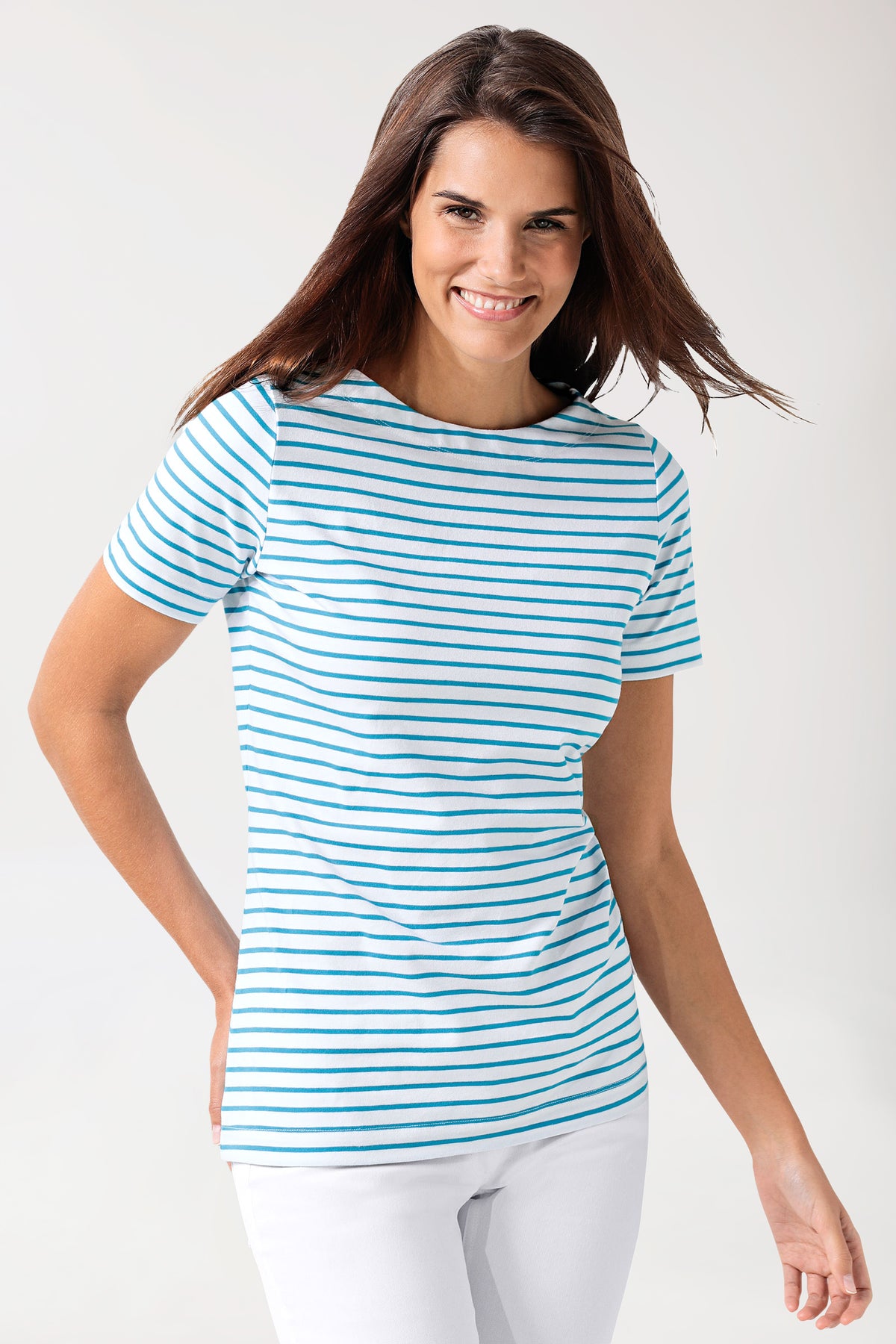 Shirt dames - 1/2 mouw wit/turquoise