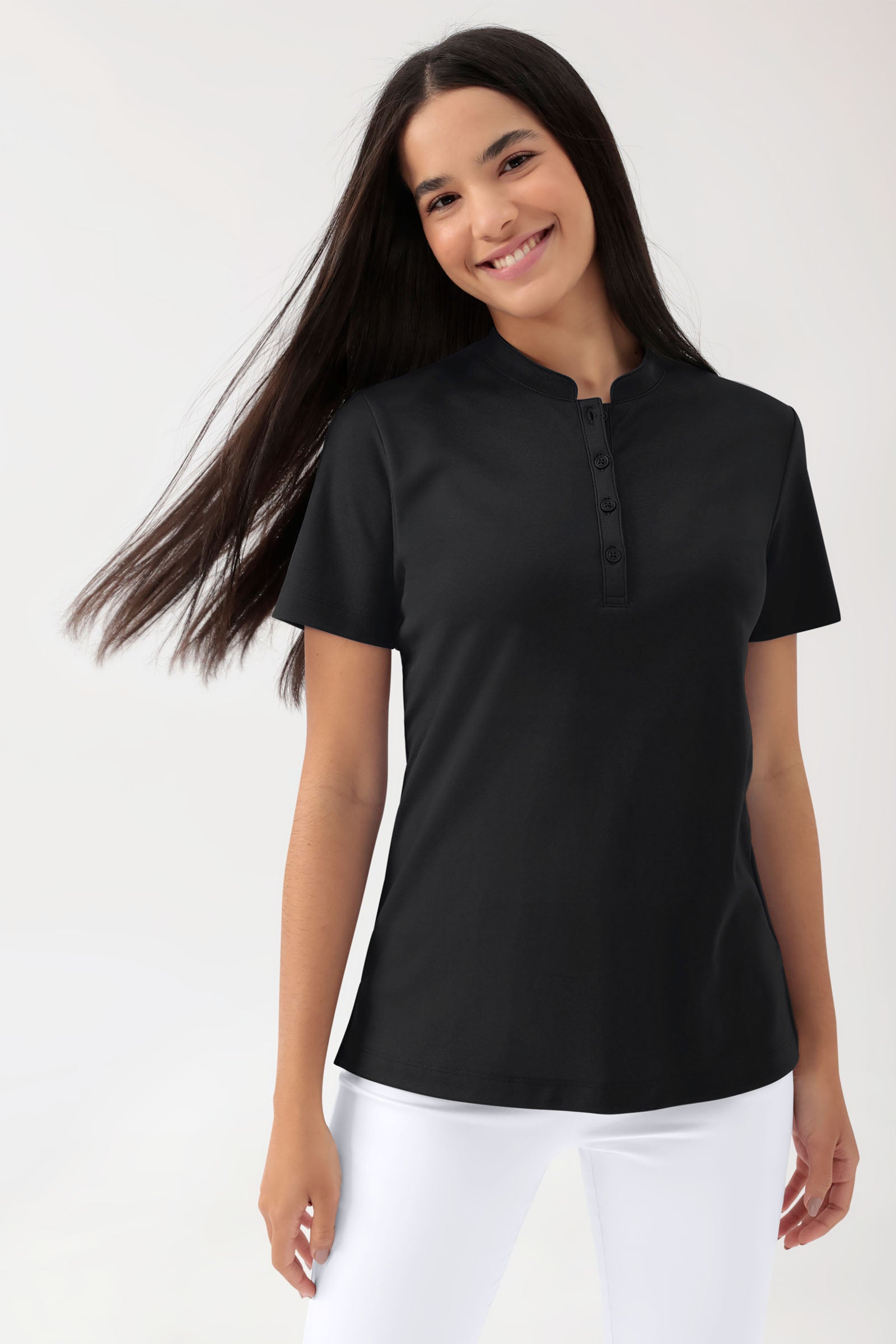 COMFY FLEX stretch shirt dames - opstaande kraag zwart, Voorzijde view