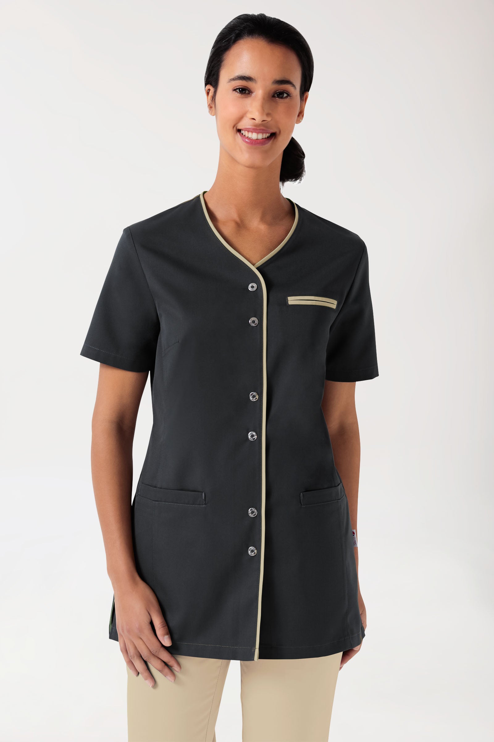 Beauty tuniek dames - met knoopsluiting antraciet/bisquit