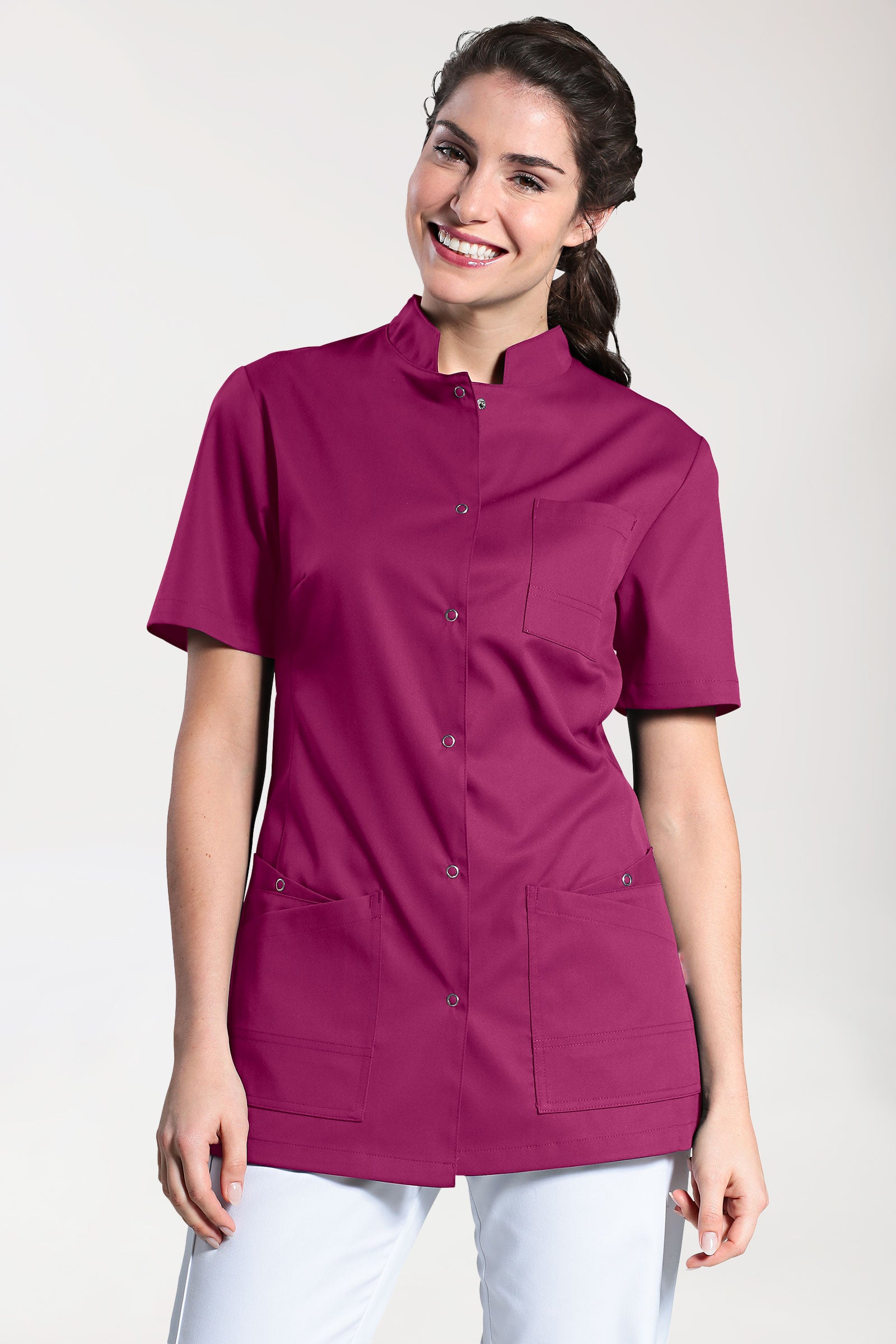 CLINIC STRETCH tuniek dames - knoopsluiting berry, Voorzijde view