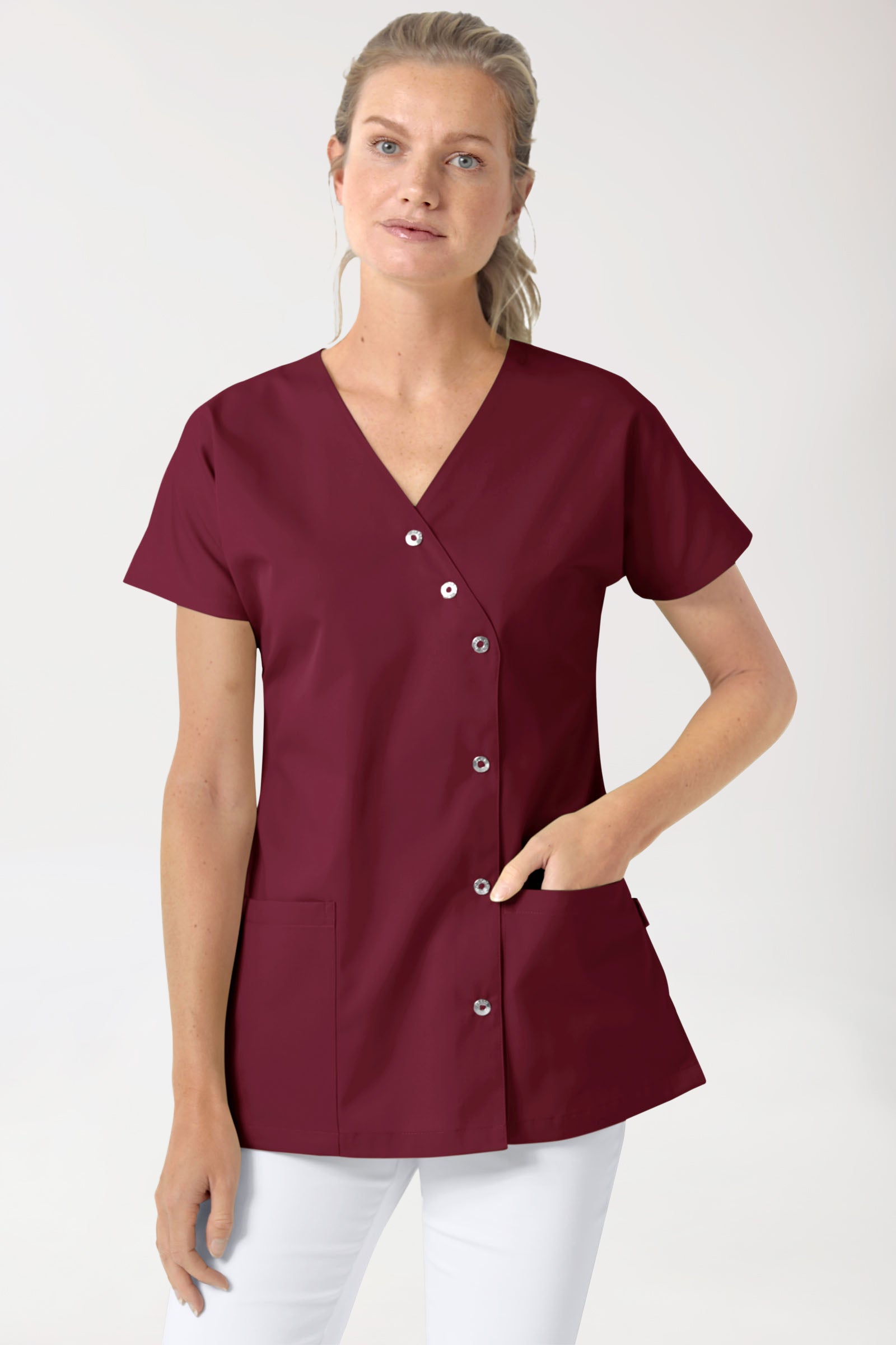 Beauty tuniek dames - asymmetrische knoopsluiting bordeaux