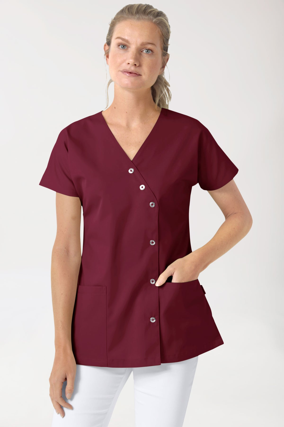 Beauty tuniek dames - asymmetrische knoopsluiting bordeaux