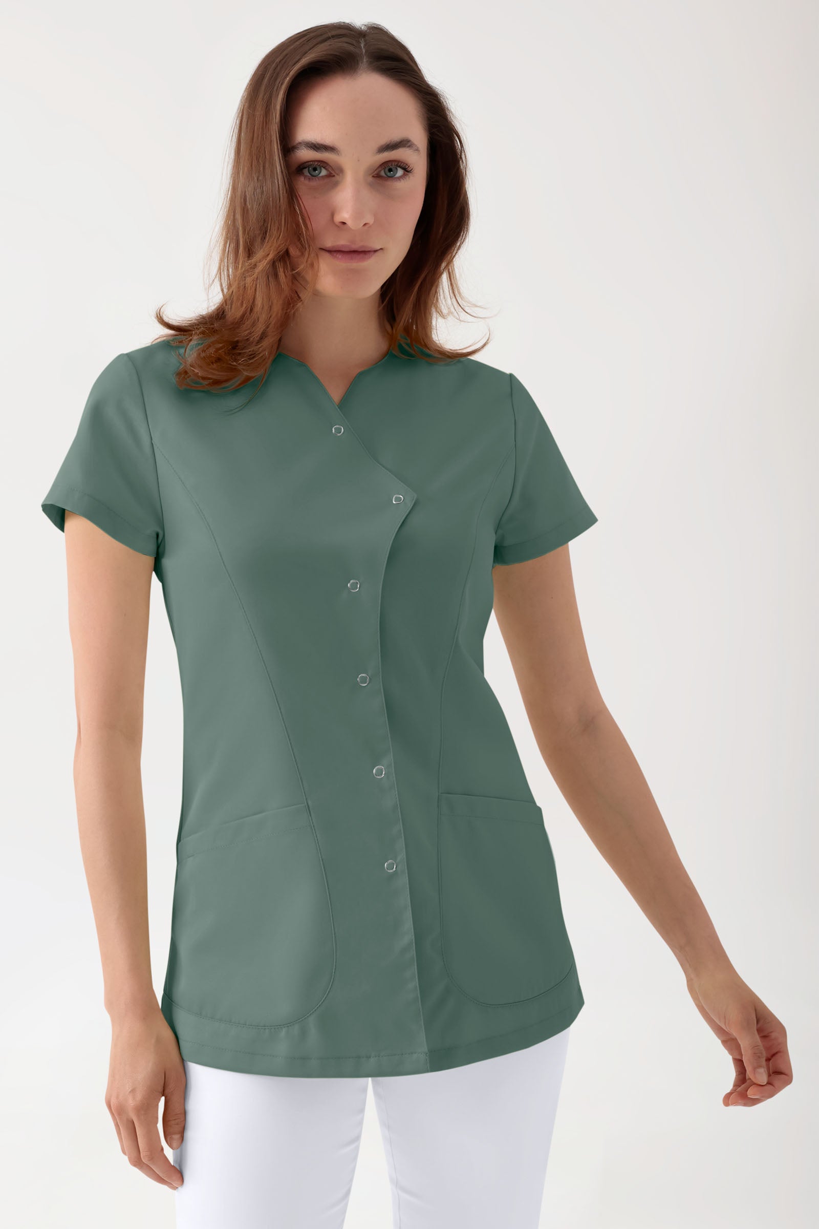 GREEN Stretch tuniek dames - asymetrische knoopsluiting donkergroen